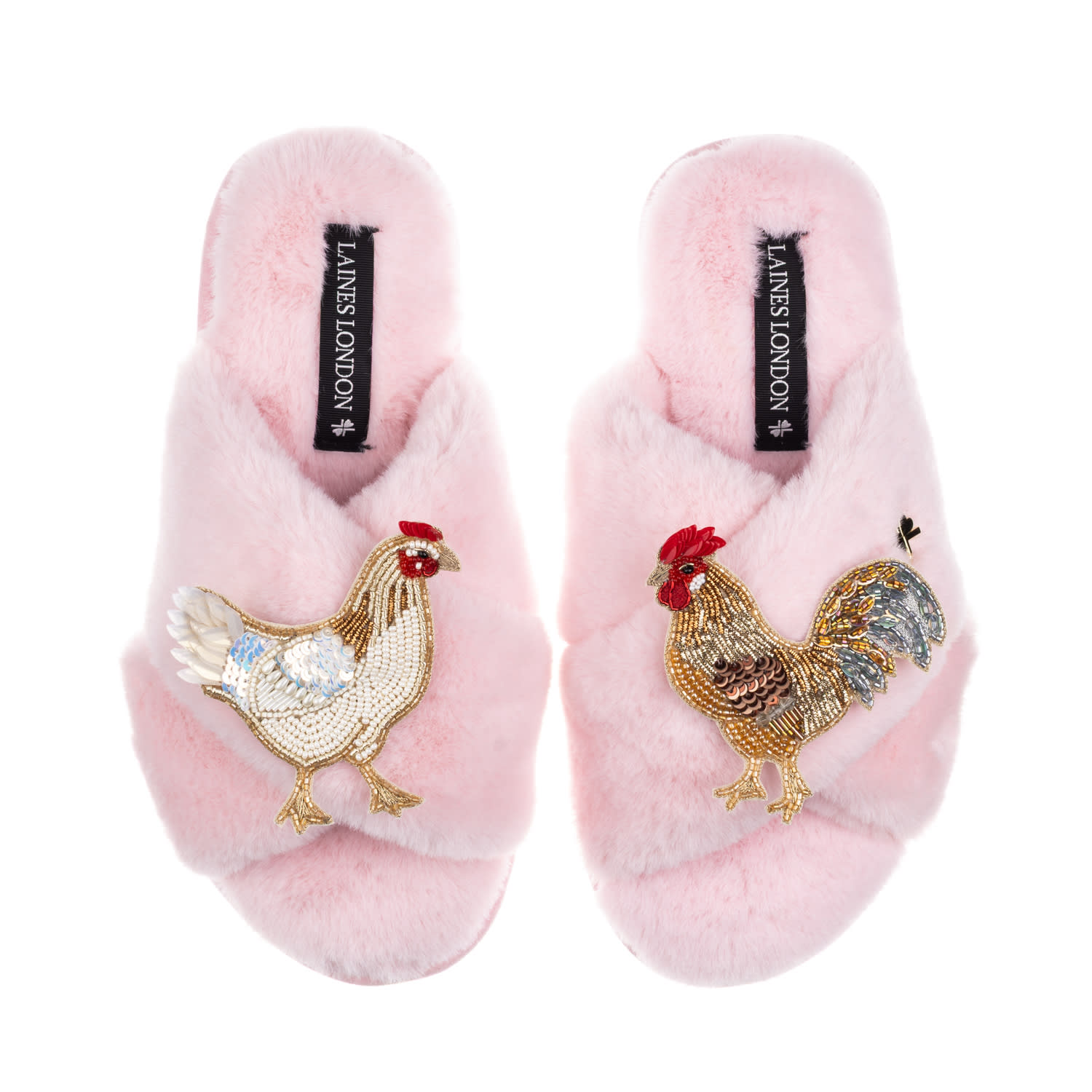 Laines London Women's Classic Laines Slippers With Chicken & Cockrel Brooches - Pink In Pink