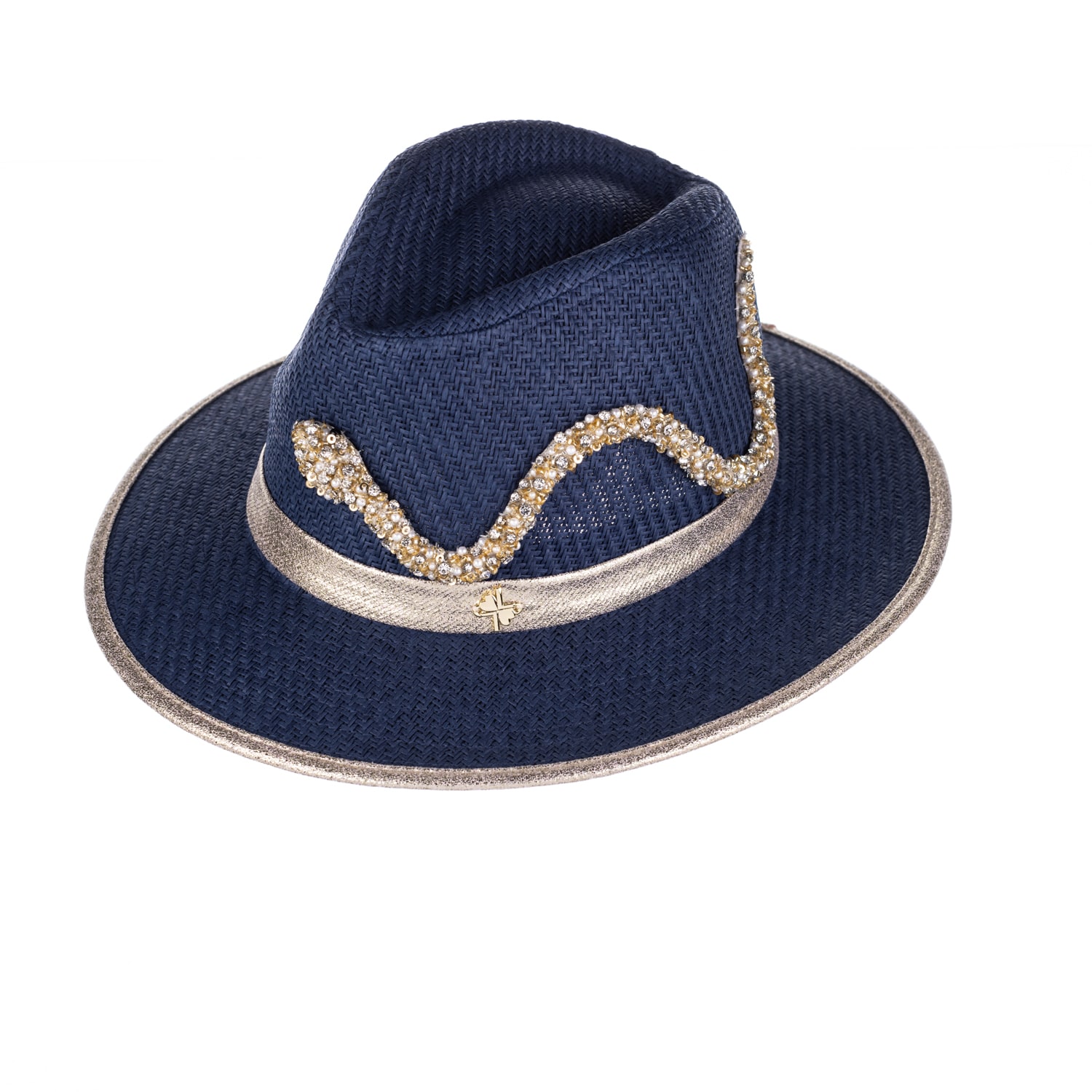 Laines London Women's Blue Straw Woven Hat With Couture Embellished Crystal Snake - Navy In Blue/gold