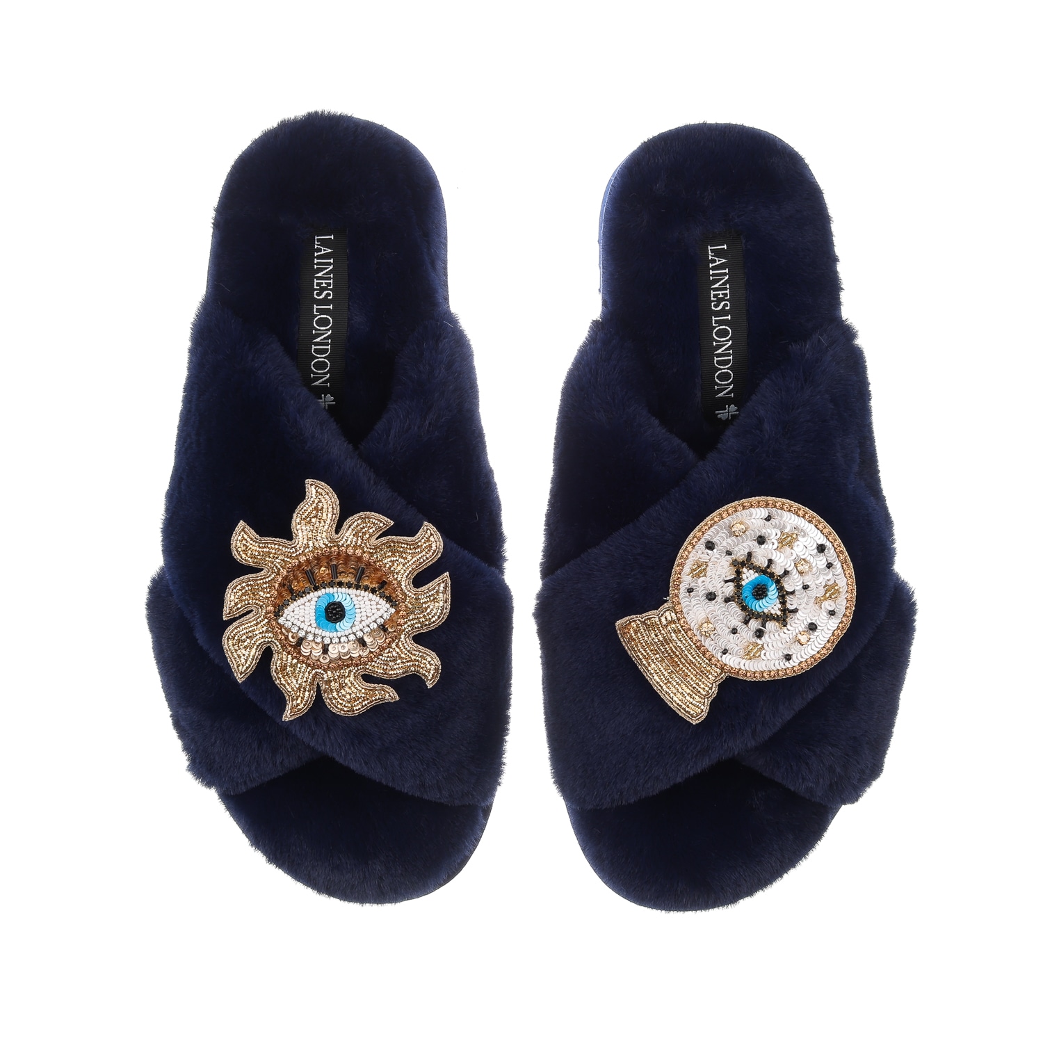 Laines London Women's Blue Classic Laines Slippers With Double Mystic Eye Brooches - Navy In Blue