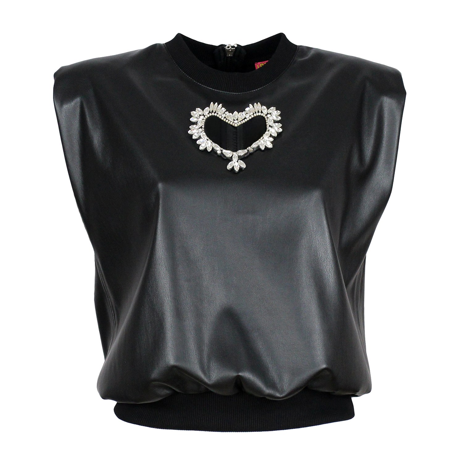 Lalipop Design Women's Black Vegan Leather Blouse With Faux Crystal Embellished Laser Cut-out Heart In Black