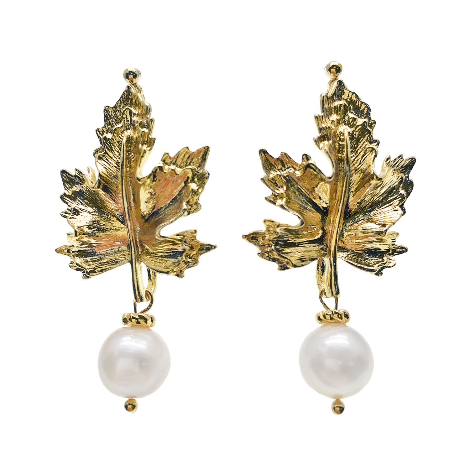 Farra Women's White Gold Maple Leaves With Freshwater Pearls Statement Earrings In White