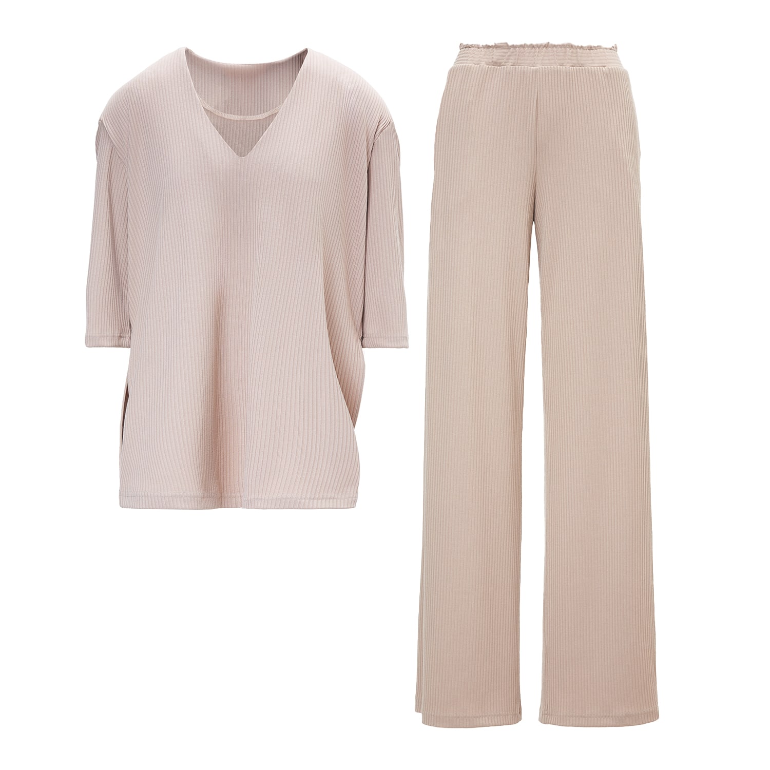 Women’s Neutrals Ribbed Beige Matching Set With Blouse And Trousers With Slit Small Bluzat