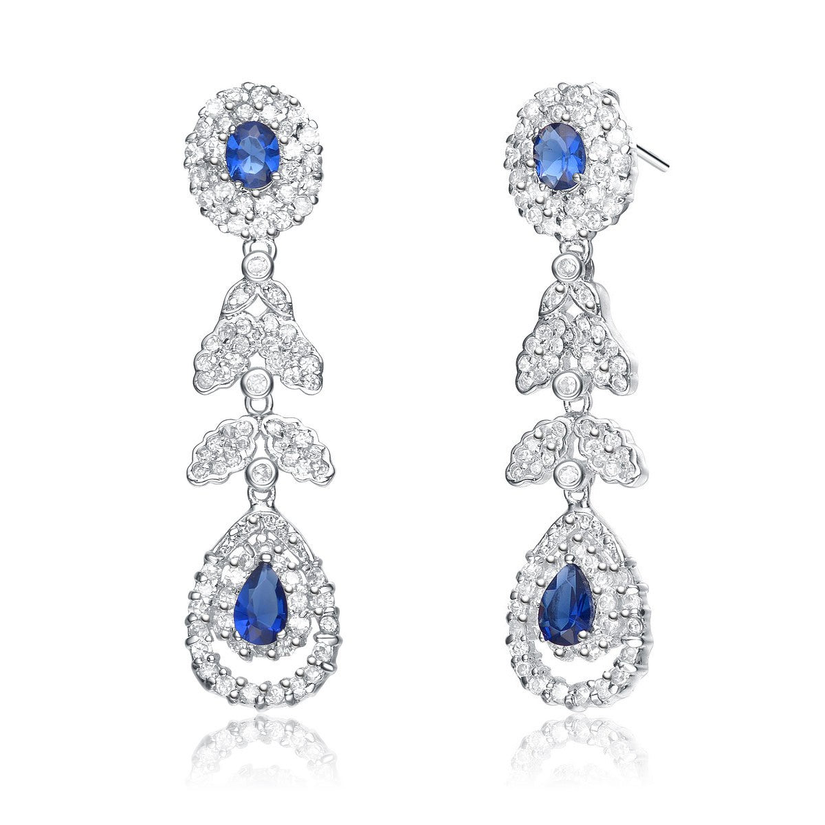 Women’s Blue / White / Silver Sterling Silver Sapphire Cubic Zirconia Teardrop Dangling Earrings Genevive Jewelry