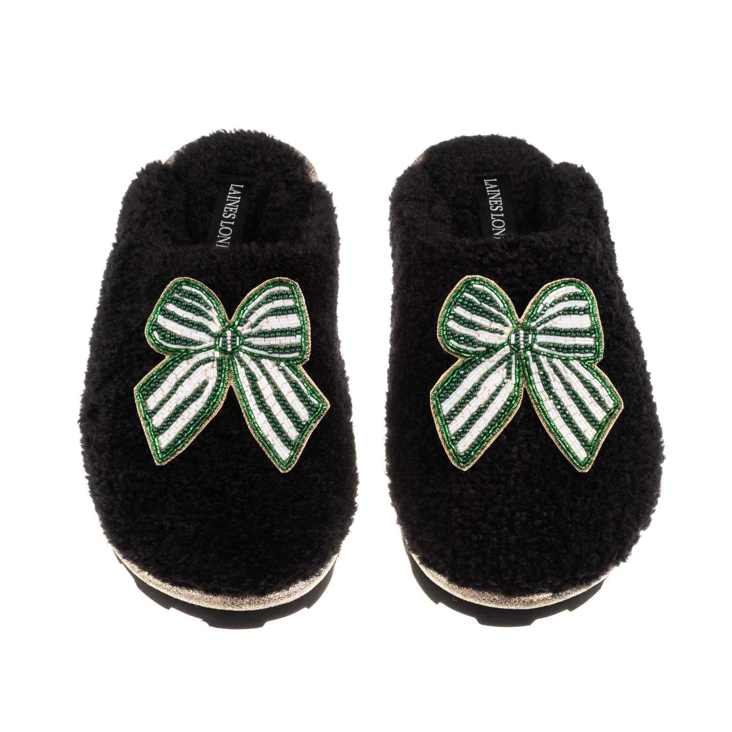Laines London Women's Teddy Closed Toe Slippers With Green Stripe Bow Brooches - Black