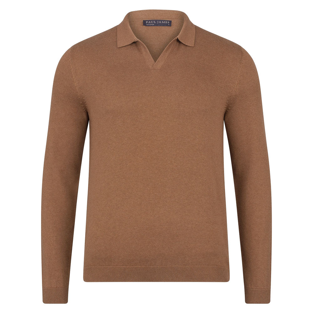 Gold Mens Cotton Lightweight Lyndon Buttonless Polo Shirt - Camel Large Paul James Knitwear