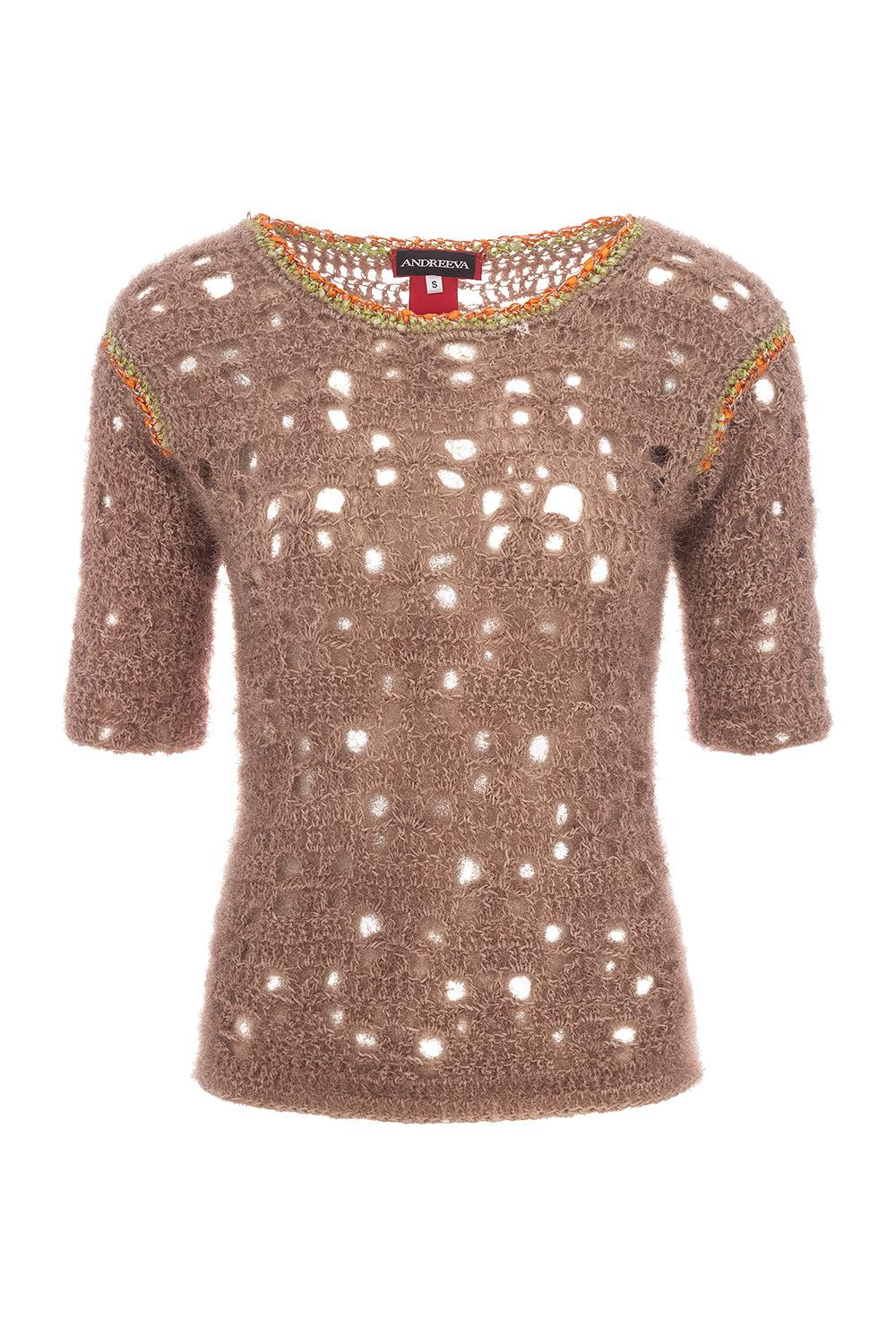 Andreeva Women's Brown Chrysanthemum Handmade Knit Top With Glitter In Brown