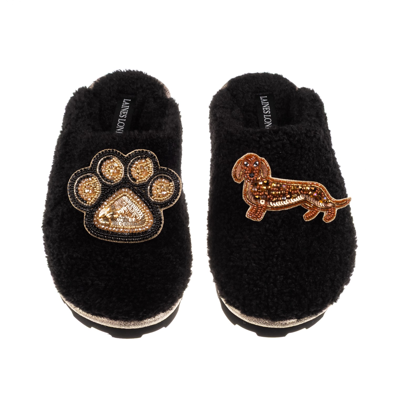 Laines London Women's Teddy Closed Toe Slippers With Paw & Red Dachshund Brooches - Black In Black