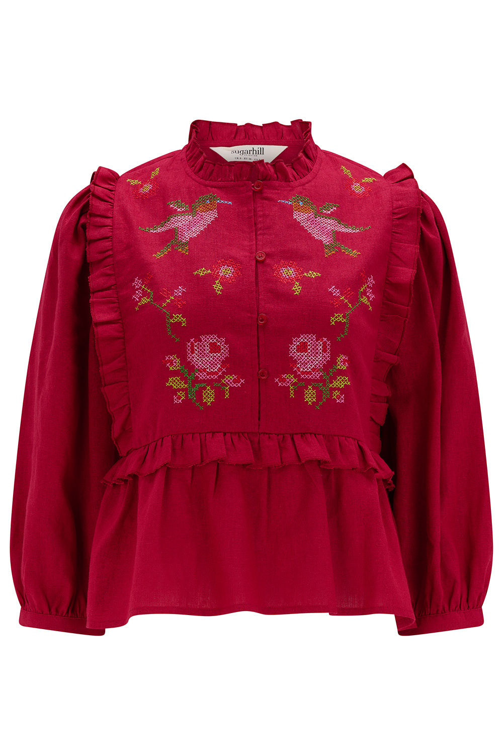 Sugarhill Brighton Women's Red Wilhelmina Frill Blouse Scarlet Rose Embroidery
