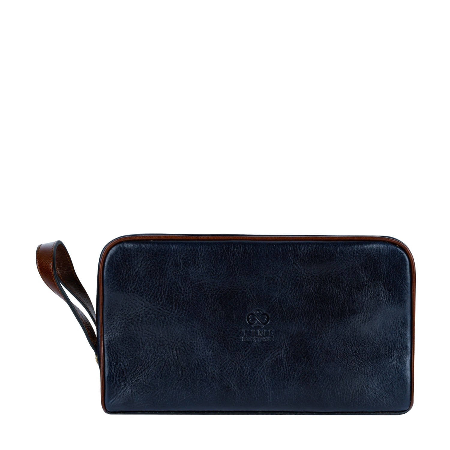 Time Resistance Womens Leather Cosmetic Bag Dopp Kit In Navy Blue - All The Kings Men In Blue