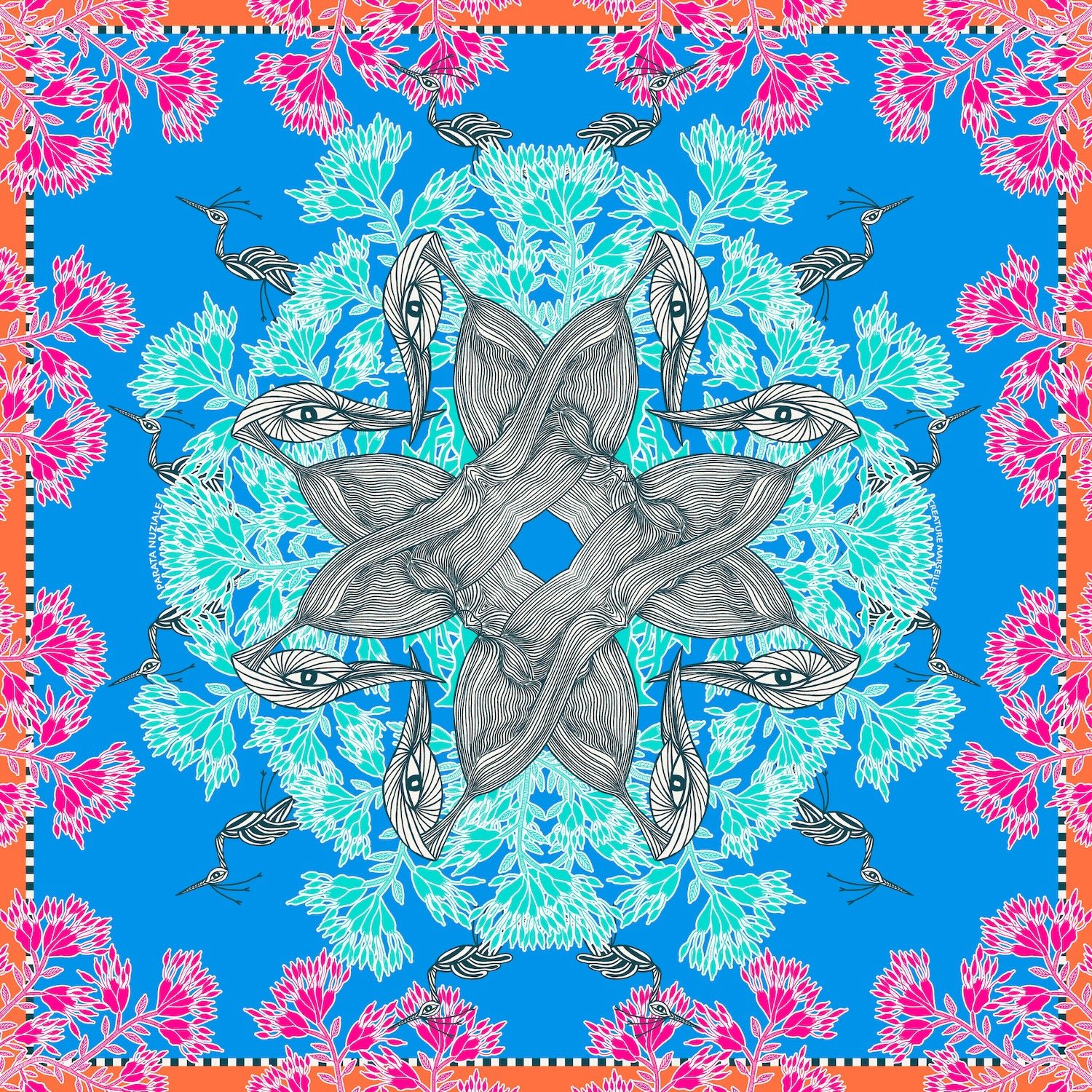 Creature Marseille Women's Blue / Orange Parata Nuziale Blue - The Medium Square Silk Scarf / Design In France - Made I In Multi