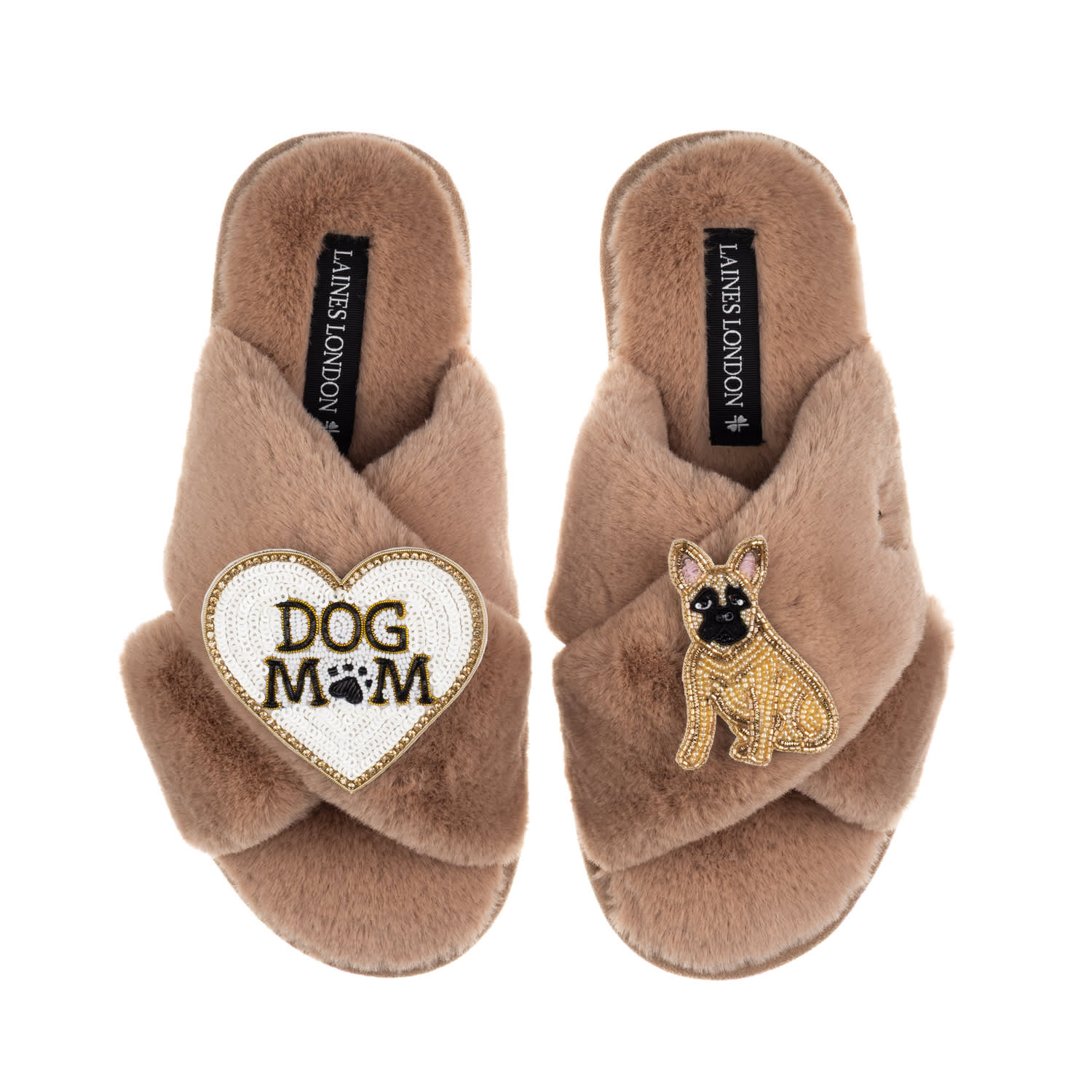 Laines London Women's Brown / Neutrals Classic Laines Slippers With Dog Mum/mom & Fawn Sitting French Bulldog Broo In Brown