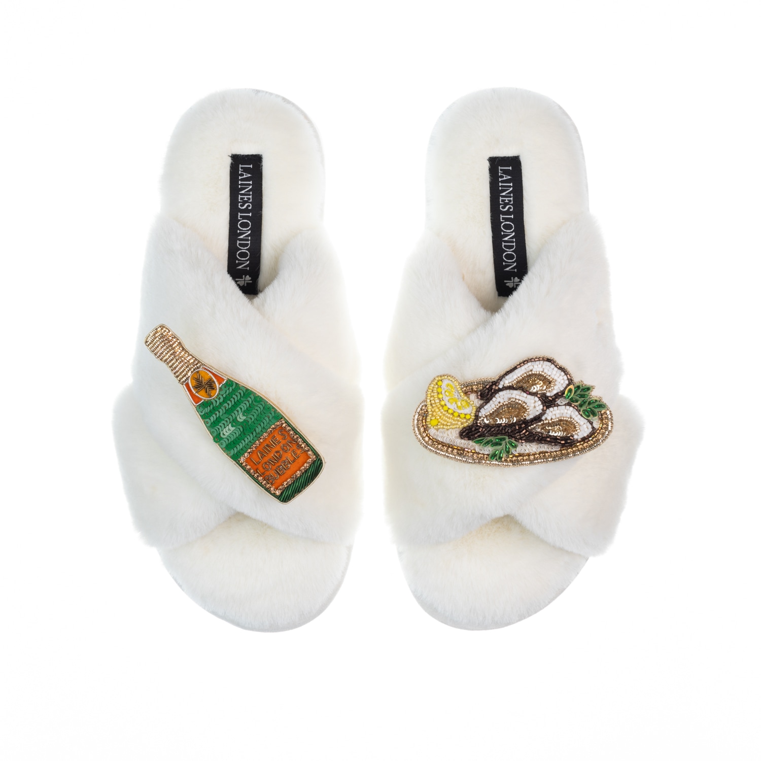 Women’s White Classic Laines Slippers With Oysters & Champers - Cream Extra Large Laines London