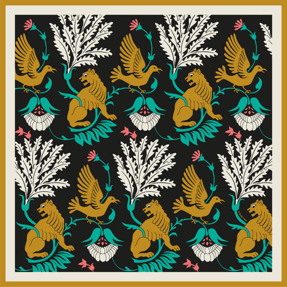 Women&rsquo;s Regal Doves & Lions Black & Colourful Luxury Silk Scarf | One Size | Artemis Muse