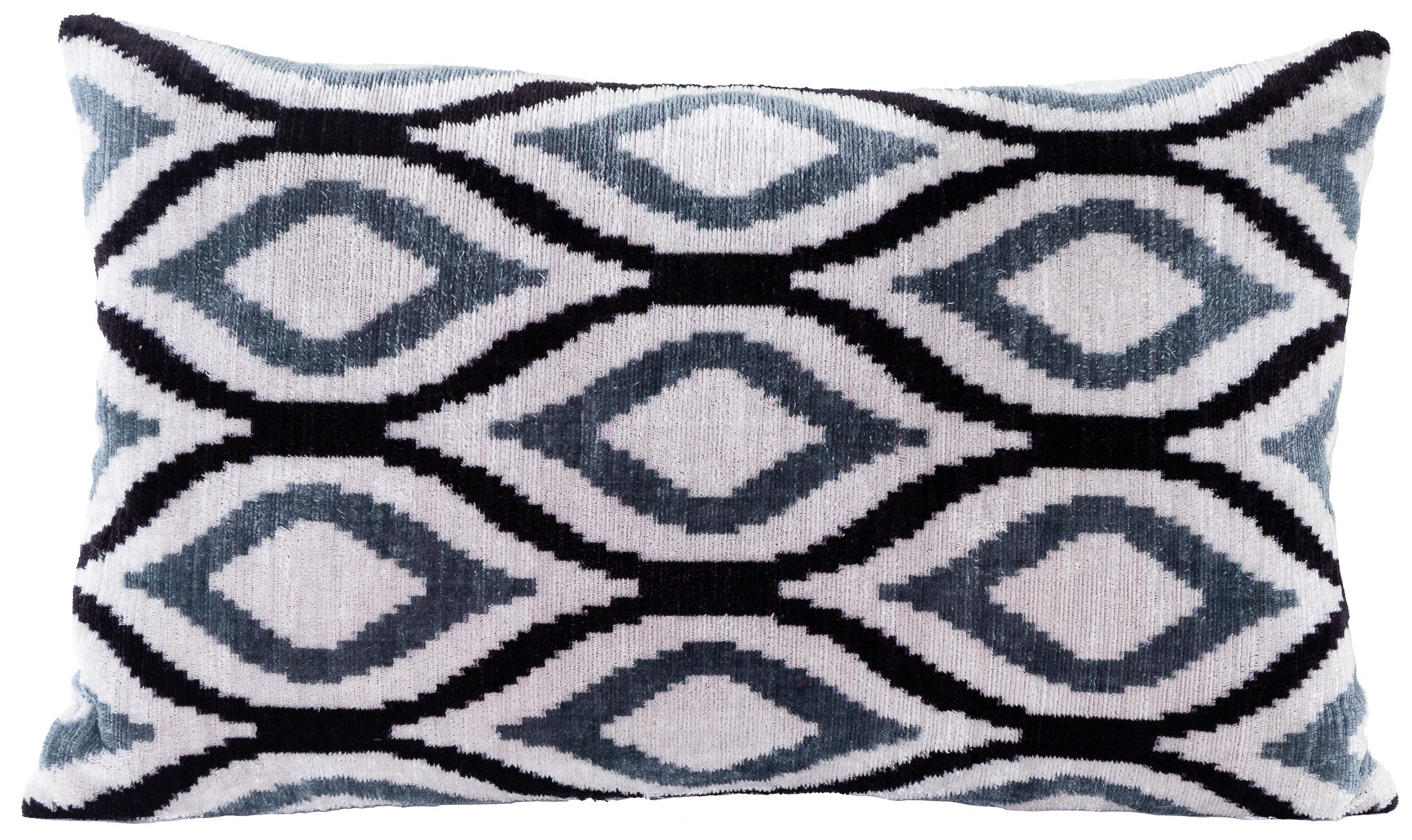 Grey Hand-Woven Silk Velvet Ikat Cushion - Silver, Blue Diamonds One Size Anor Living