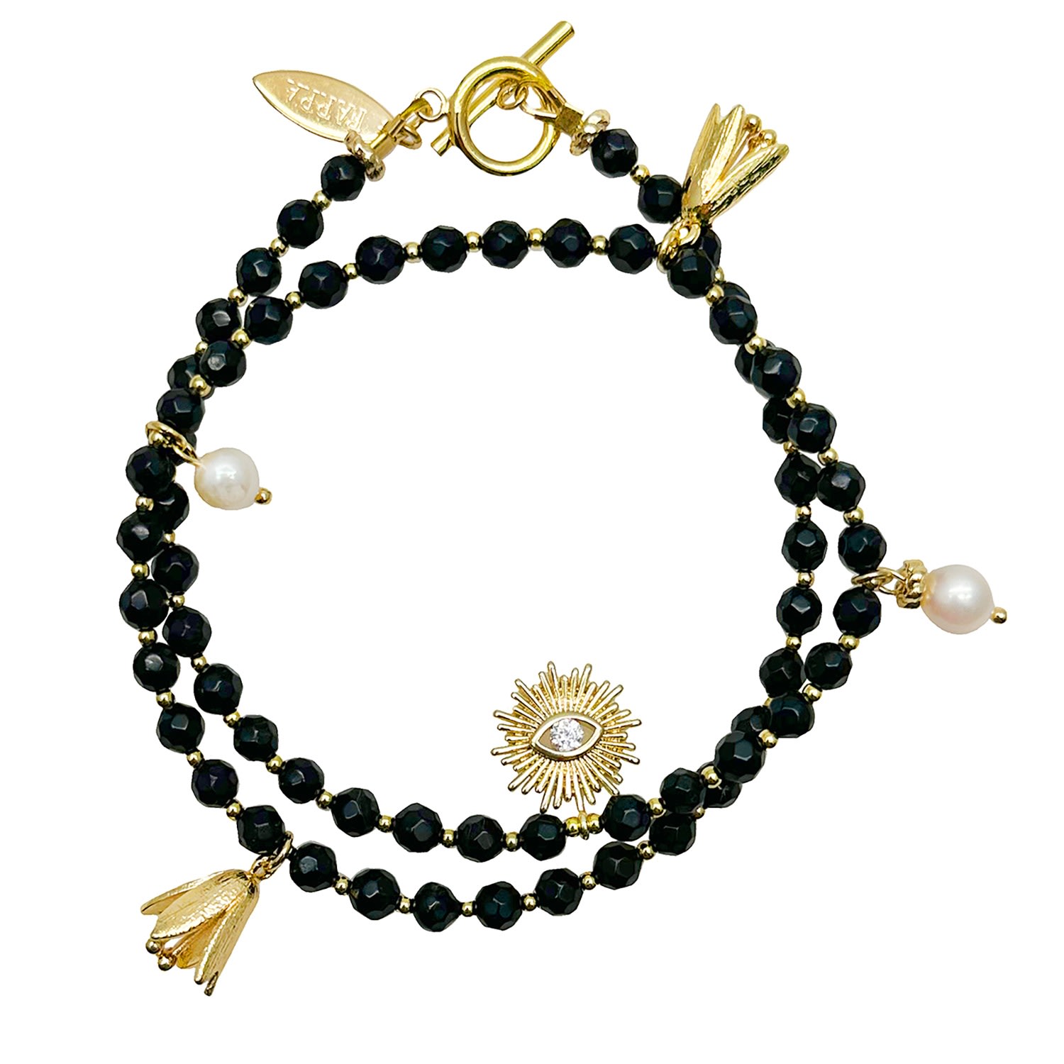 Farra Women's Black Obsidian With Evil Eye Charms Double Layers Bracelet Or Choker