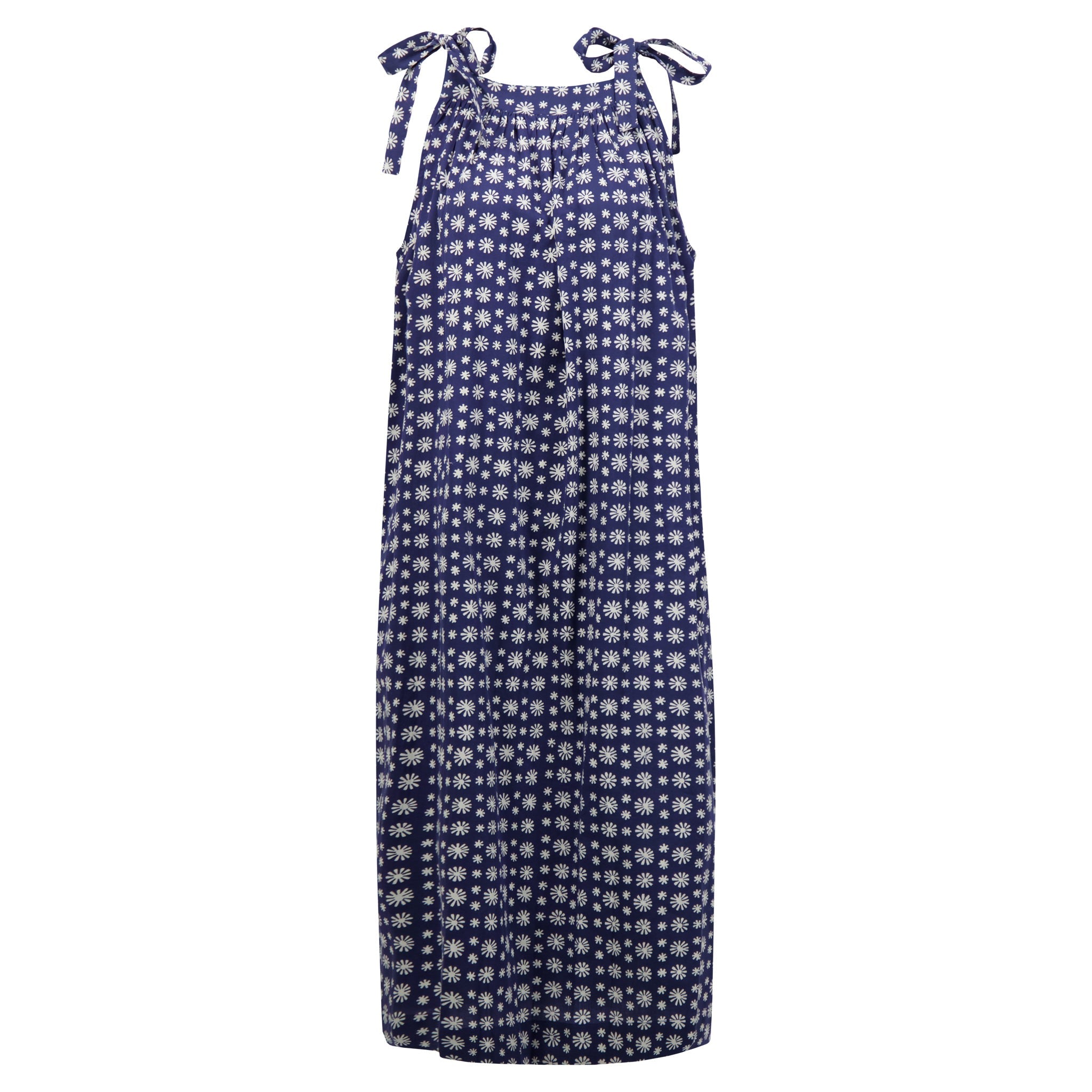 Women’s Blue / White Maxi Mimi Adjustable Shoulder Tie Organic Cotton Long Maxi Dress With Side Pockets In Indigo And White Snowflake Block Print One Size Kate Austin Designs