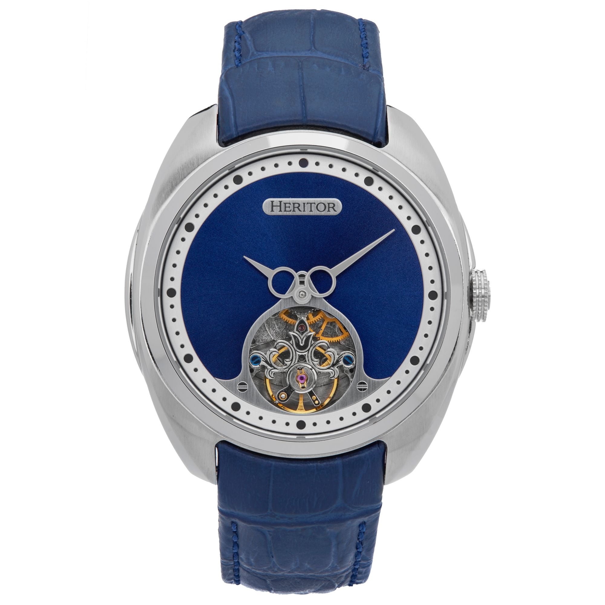 Men’s Silver / Blue Roman Semi-Skeleton Leather-Band Watch - Blue, Silver One Size Heritor Automatic