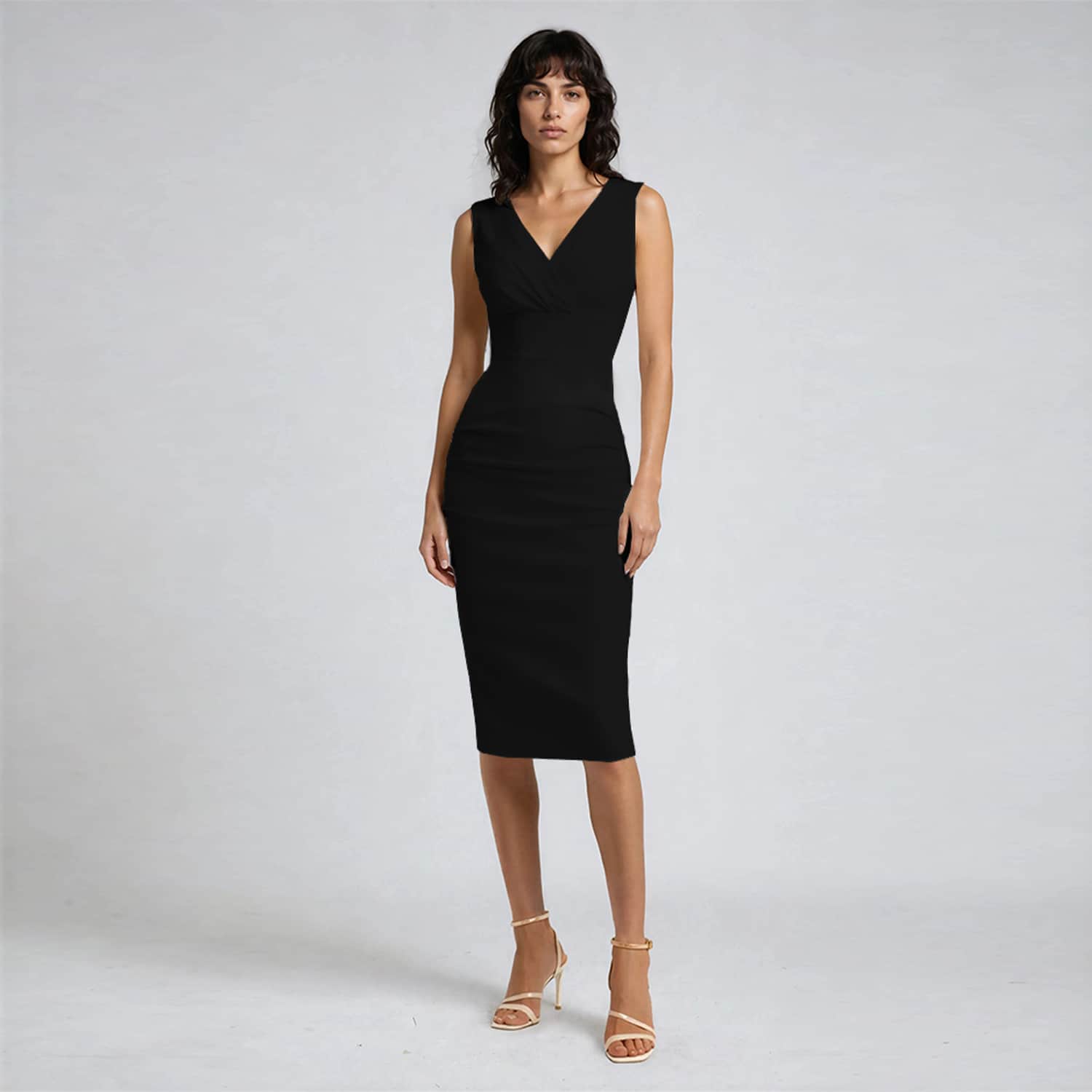 Anara Black Draped Lyocell V-Neck Midi Bodycon Office & Cocktail Dress |  Alina Cernatescu