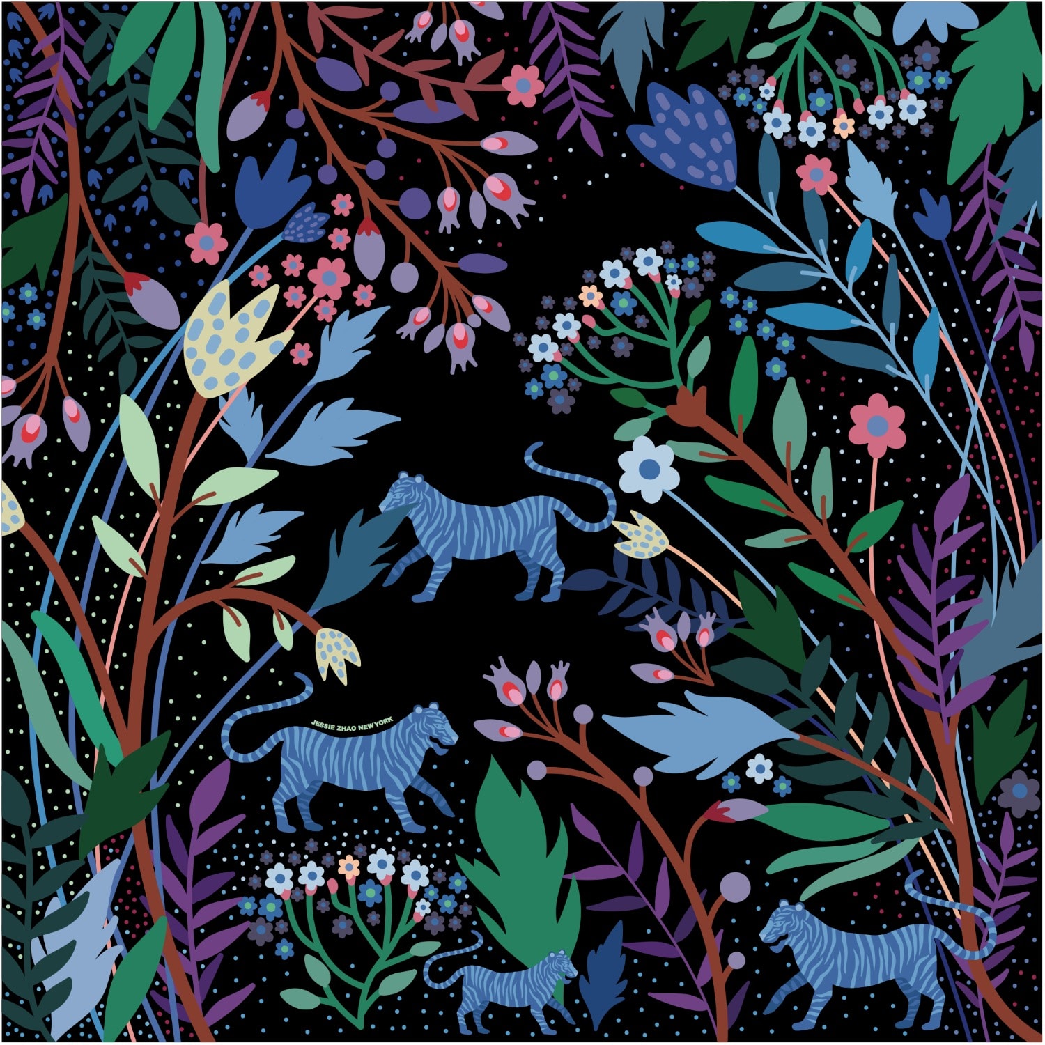 Jessie Zhao New York Women's Black Silk Scarf Of Purple Garden At Night In Black