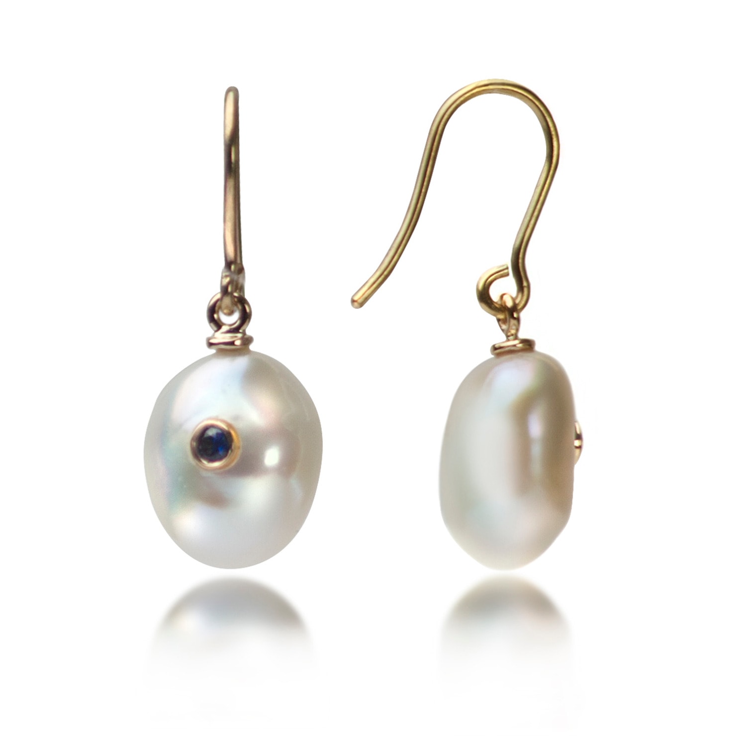 The Jewellery Store London Women's Blue / White / Gold Keshi Pearl Earrings With Blue Sapphire In Solid Gold