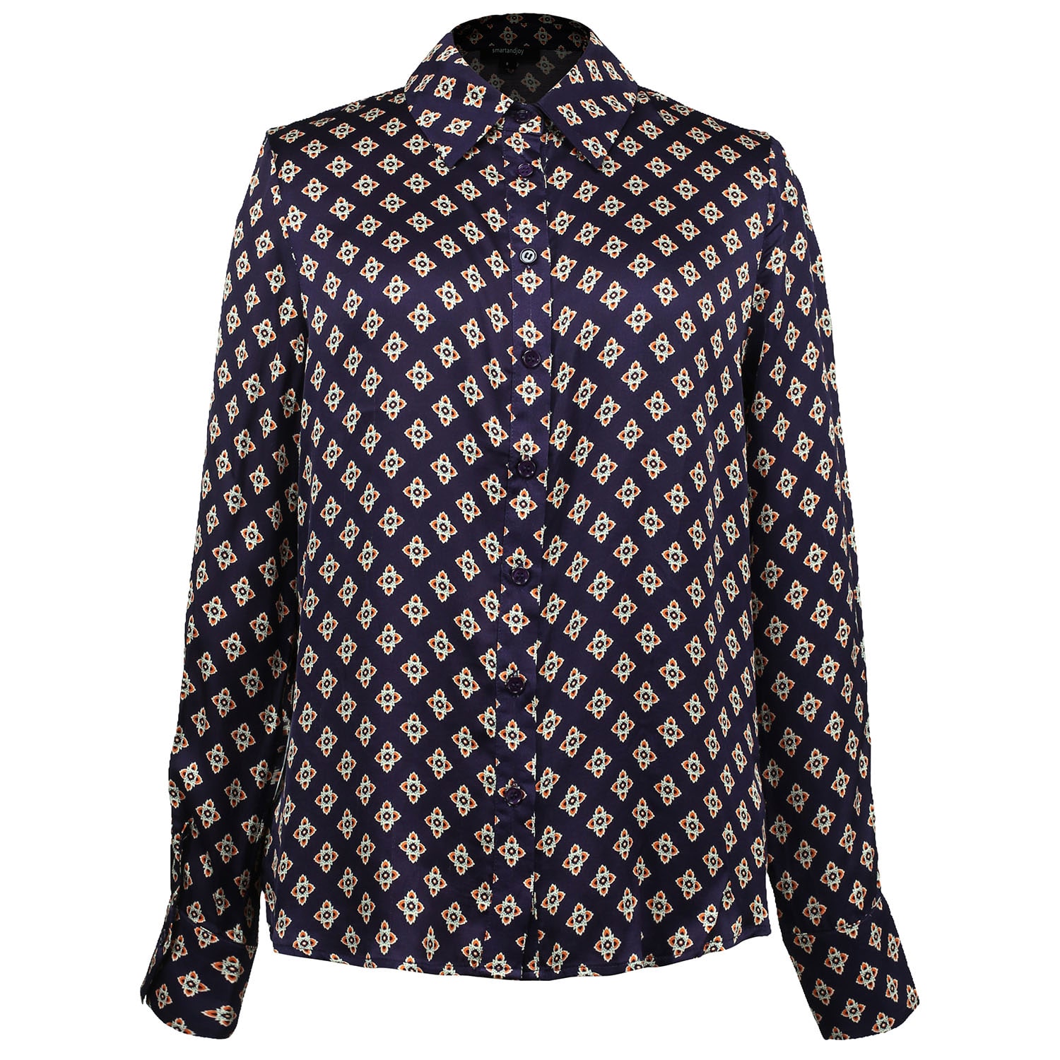 Smart And Joy Women's Blue Graphic Print Satin Long Sleeves Shirt - Navy In Blue