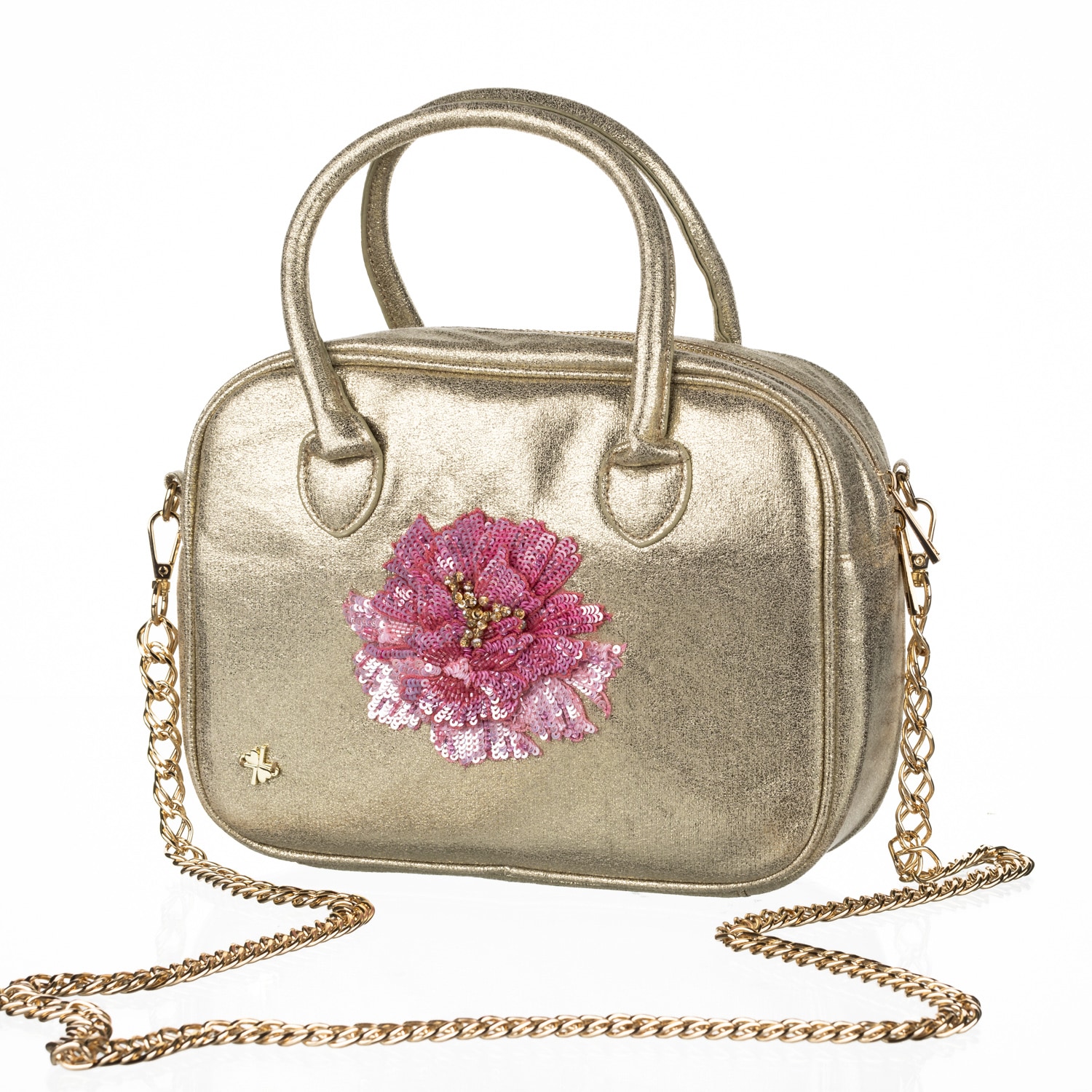 Laines London Women's  Couture Gold Metallic Bag With Embellished Pink Peony In Pattern