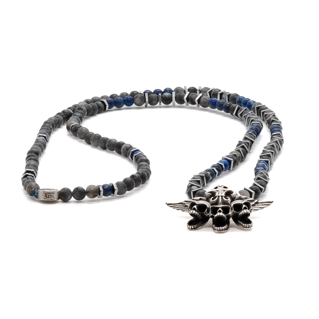 Ebru Jewelry Men's Blue / Silver Unique Silver Skull Beaded Necklace - Silver