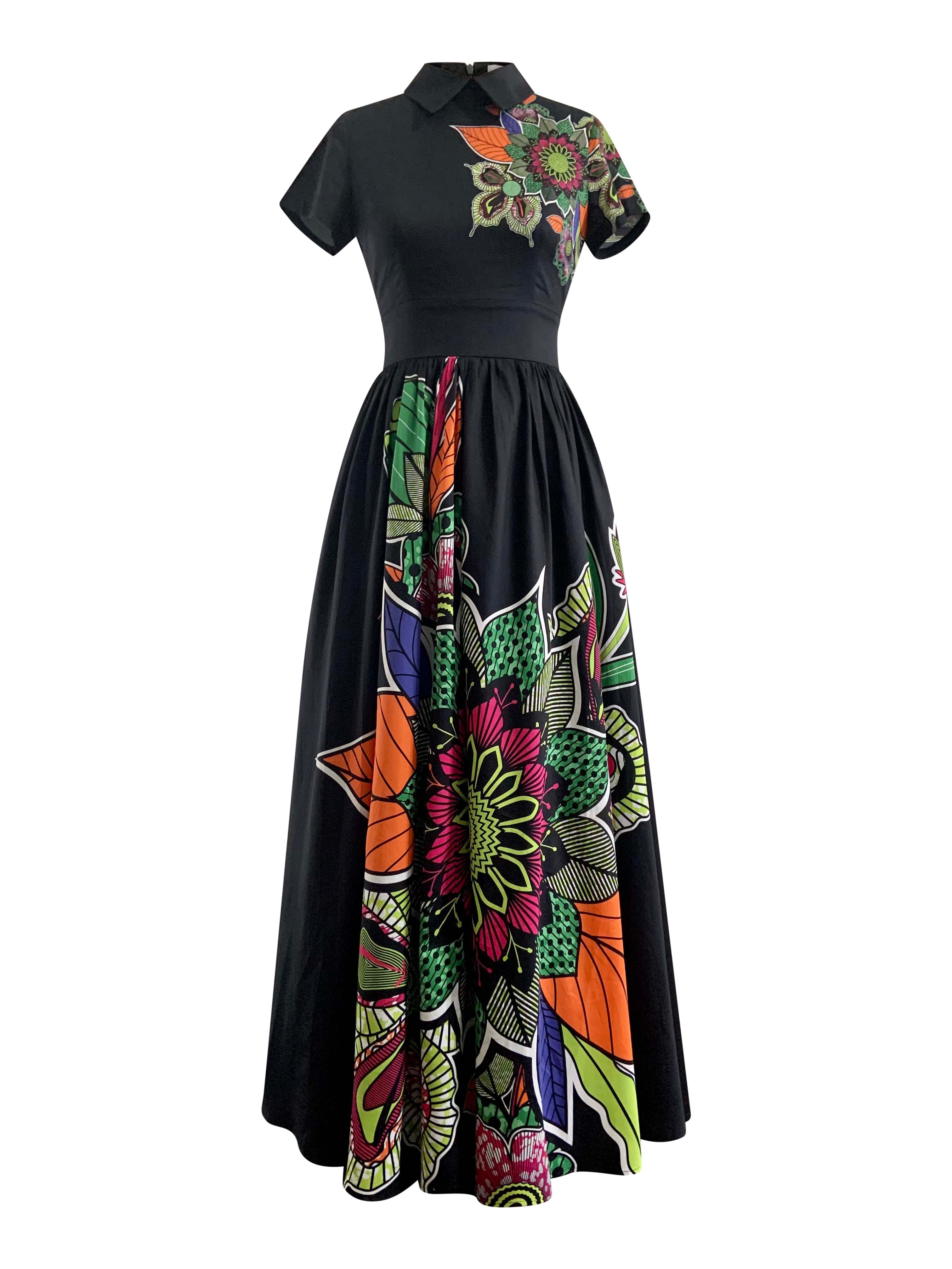 Women’s Floral Victoria Cotton Print Vintage Maxi Dress- Black Extra Large Rahyma