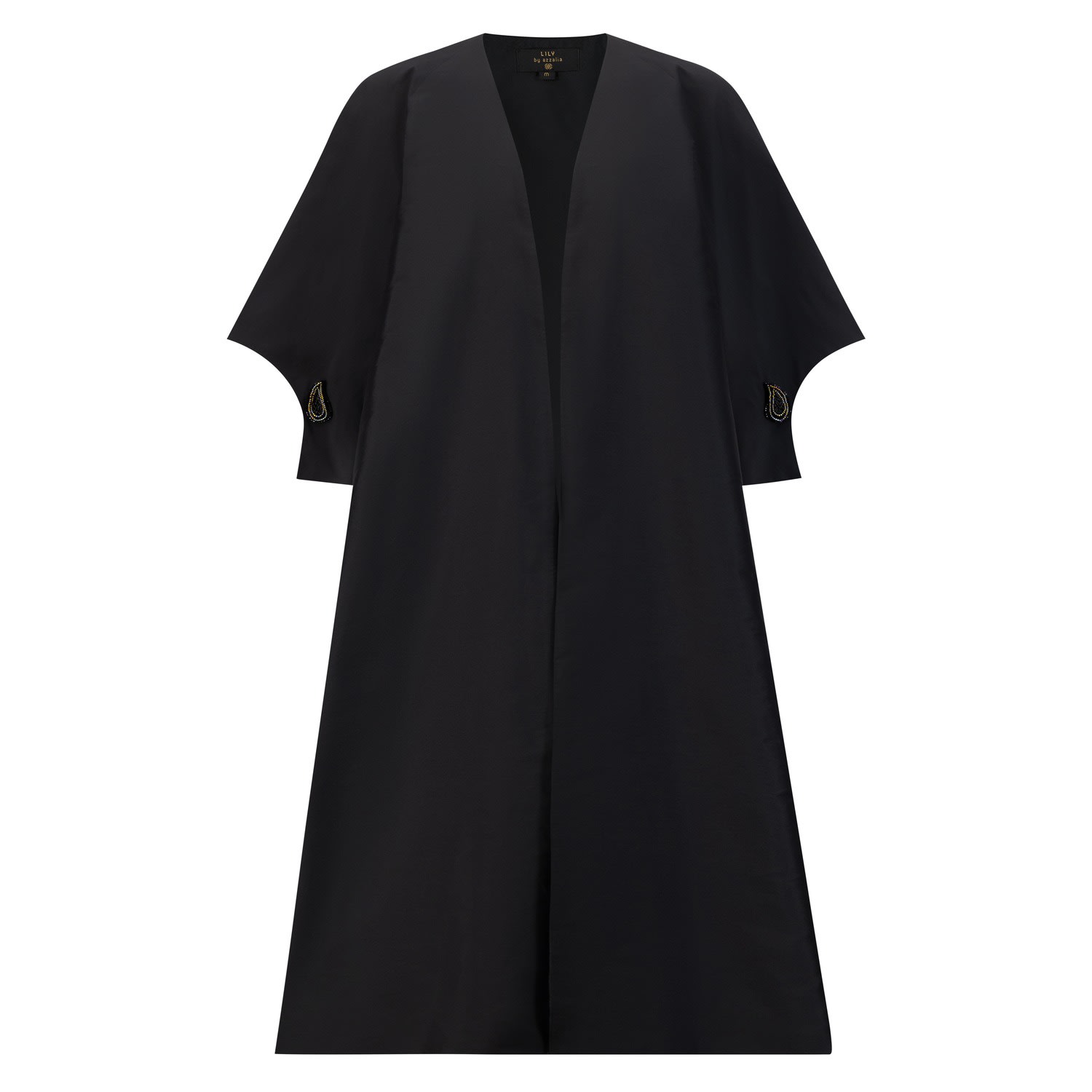 Azzalia Women's Raw Silk Abaya With Geometric Sleeves With 3d Embroidered Cuffing In Black