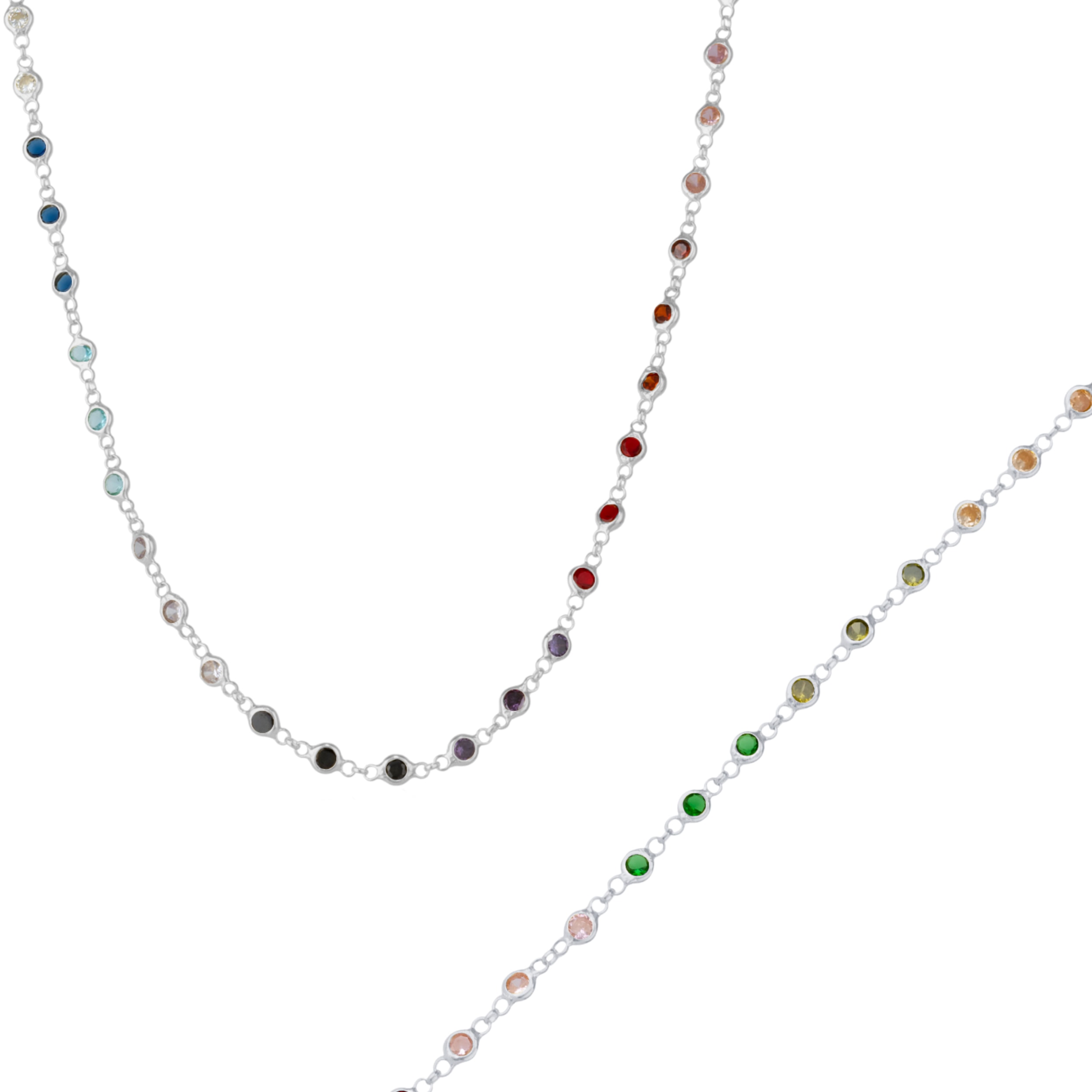 Spero London Women's Colourful Rainbow Jewelled Tennis Style Sterling Silver Chain Necklace & Bracelet Set - Silv