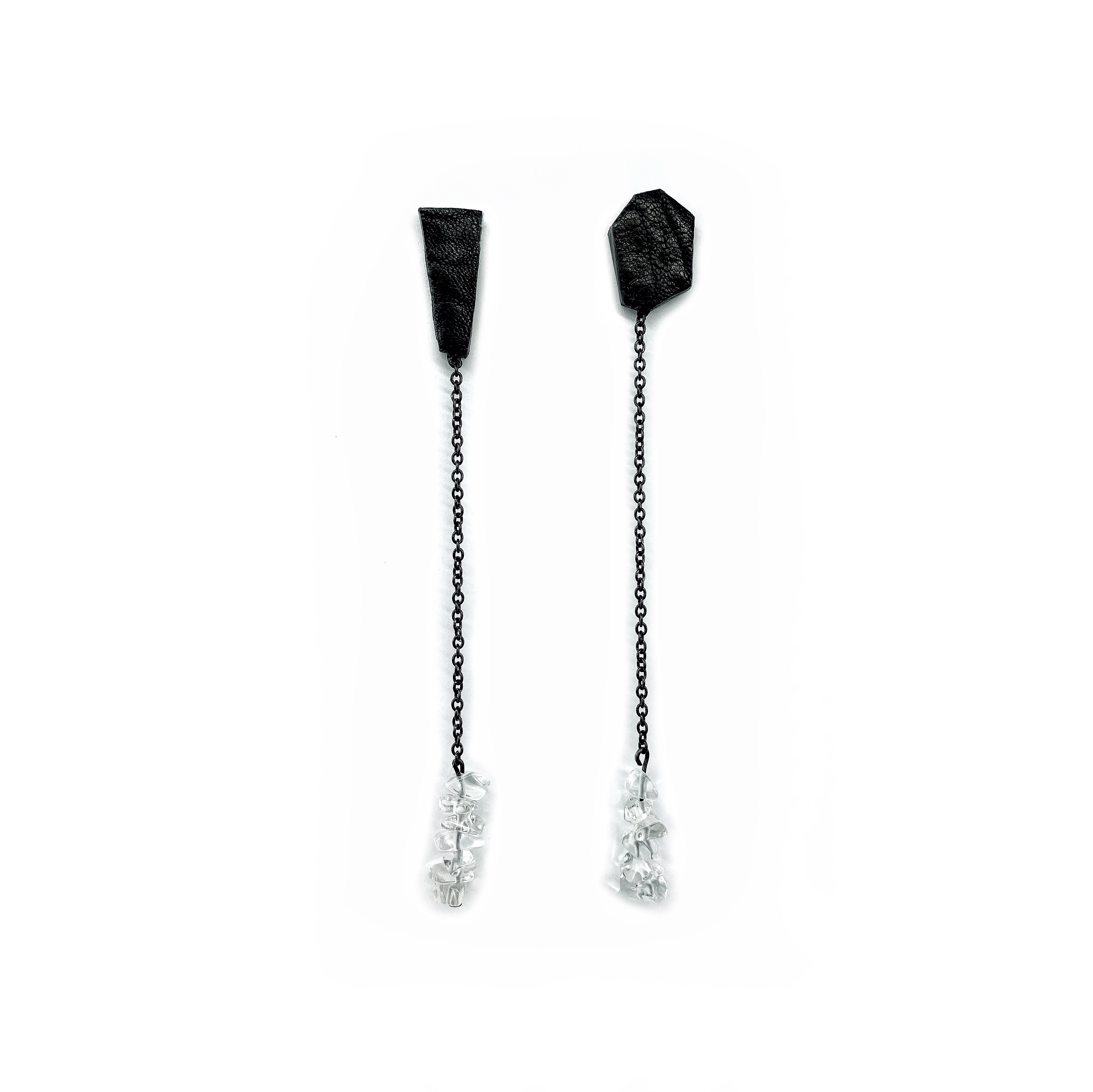 Waiwai Women's Black Leather Drop Earrings With Clear Quartz In Black