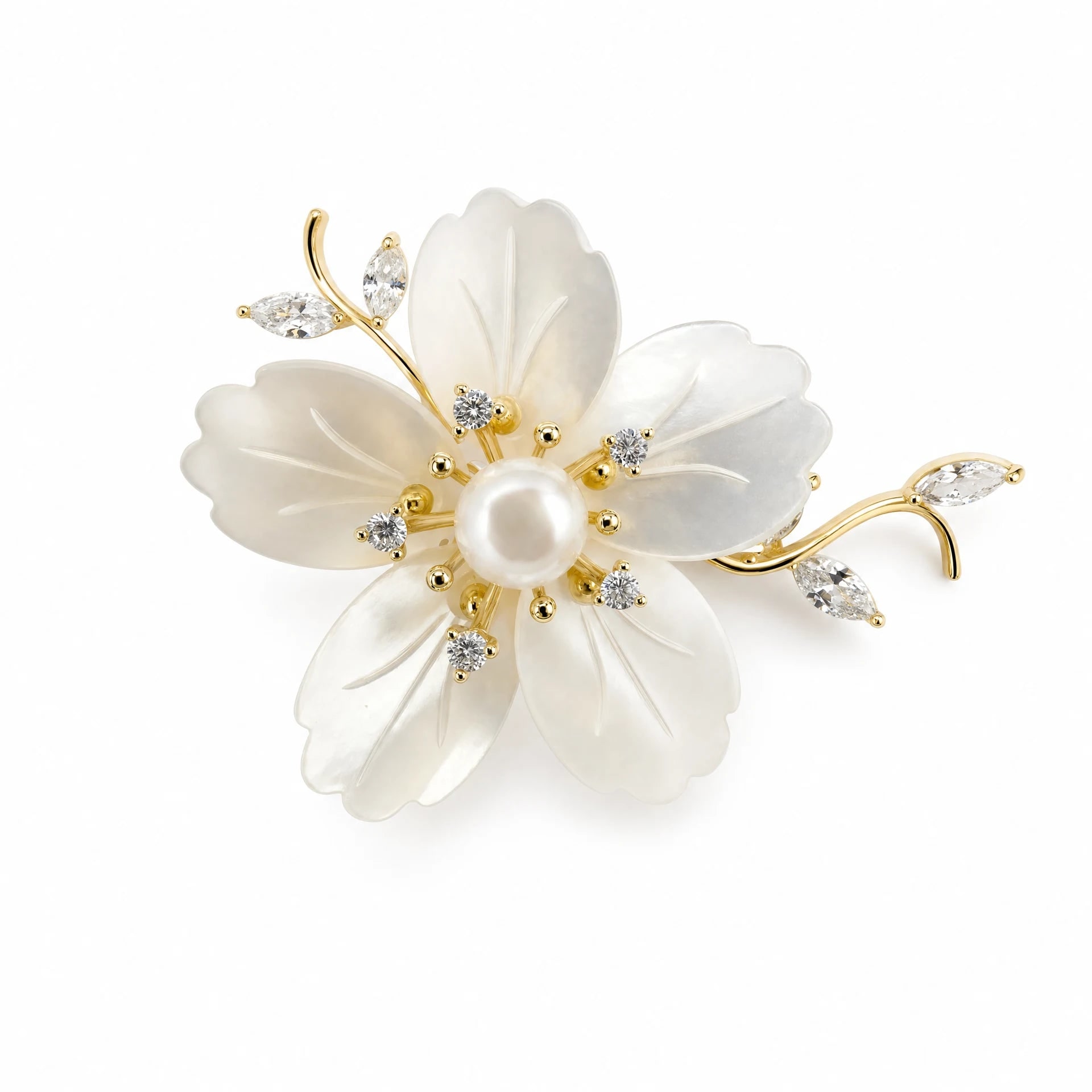 Women's White Mother Of Pearl Flower Branch Brooch | Angel Barocco