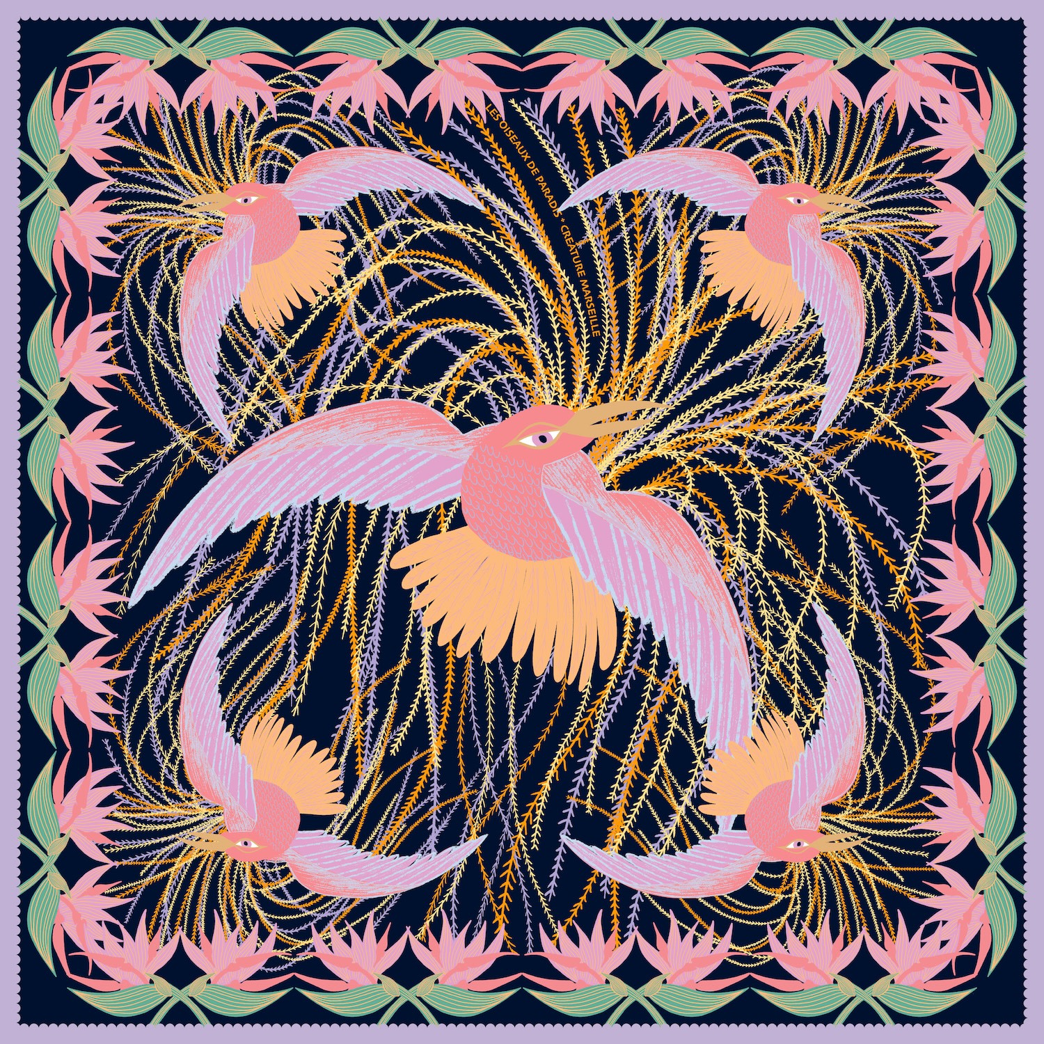 Creature Marseille Women's Black Birds Of Paradise Pastel - The Silk Medium Scarf Design In France - Made In Italy