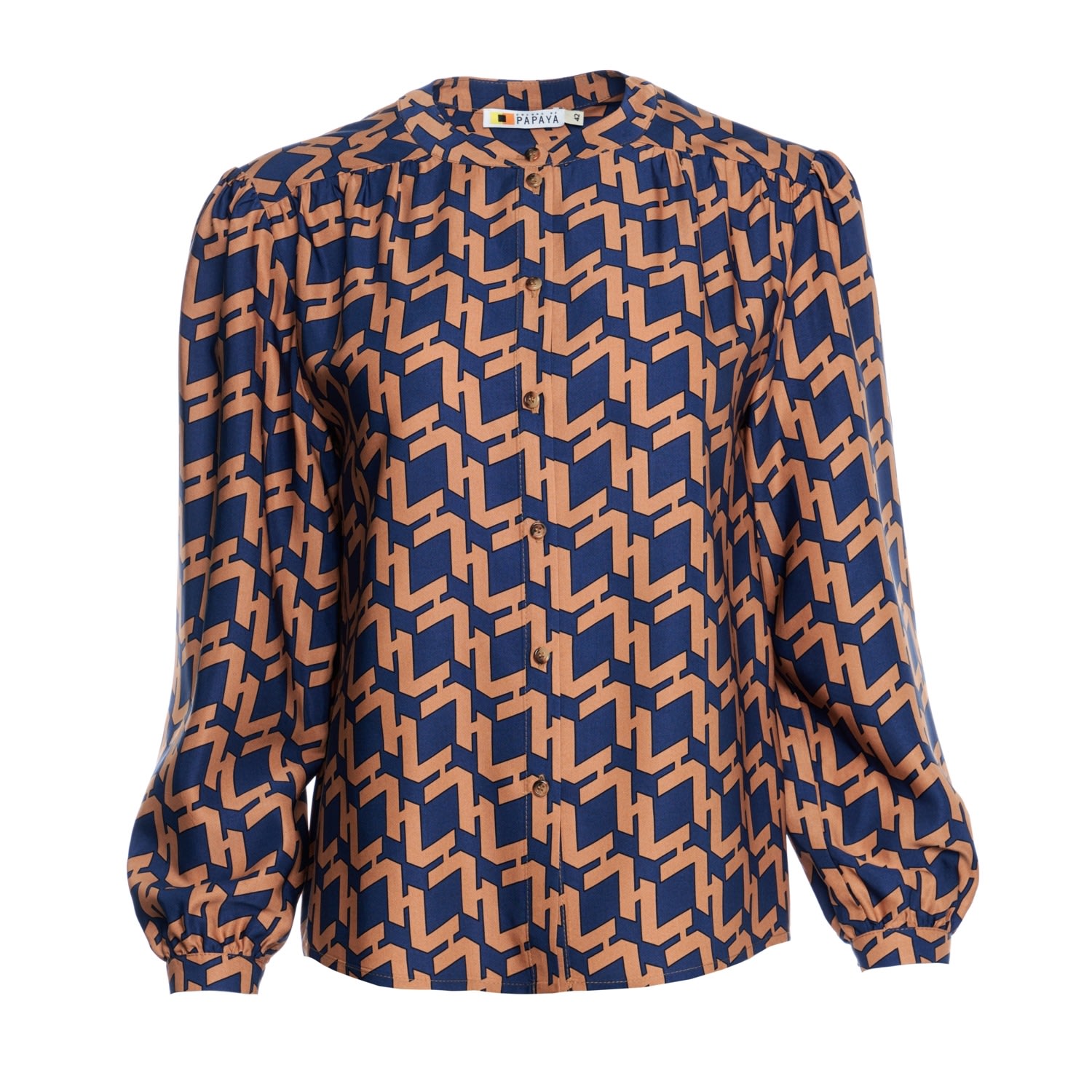 Women’s Brown Draped Shoulders Printed Viscose Blouse Small Colors of Papaya