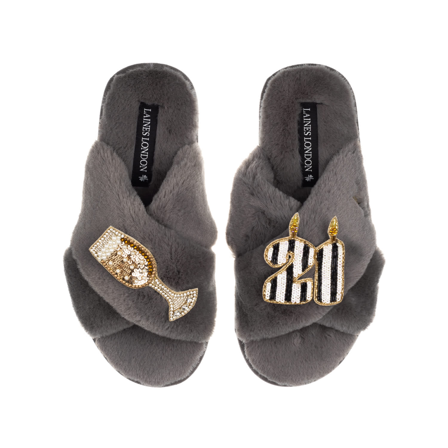 Laines London Women's Classic Laines Slippers With Stripe 21st Birthday & Glass Of Champagne Brooches - Grey In Grey