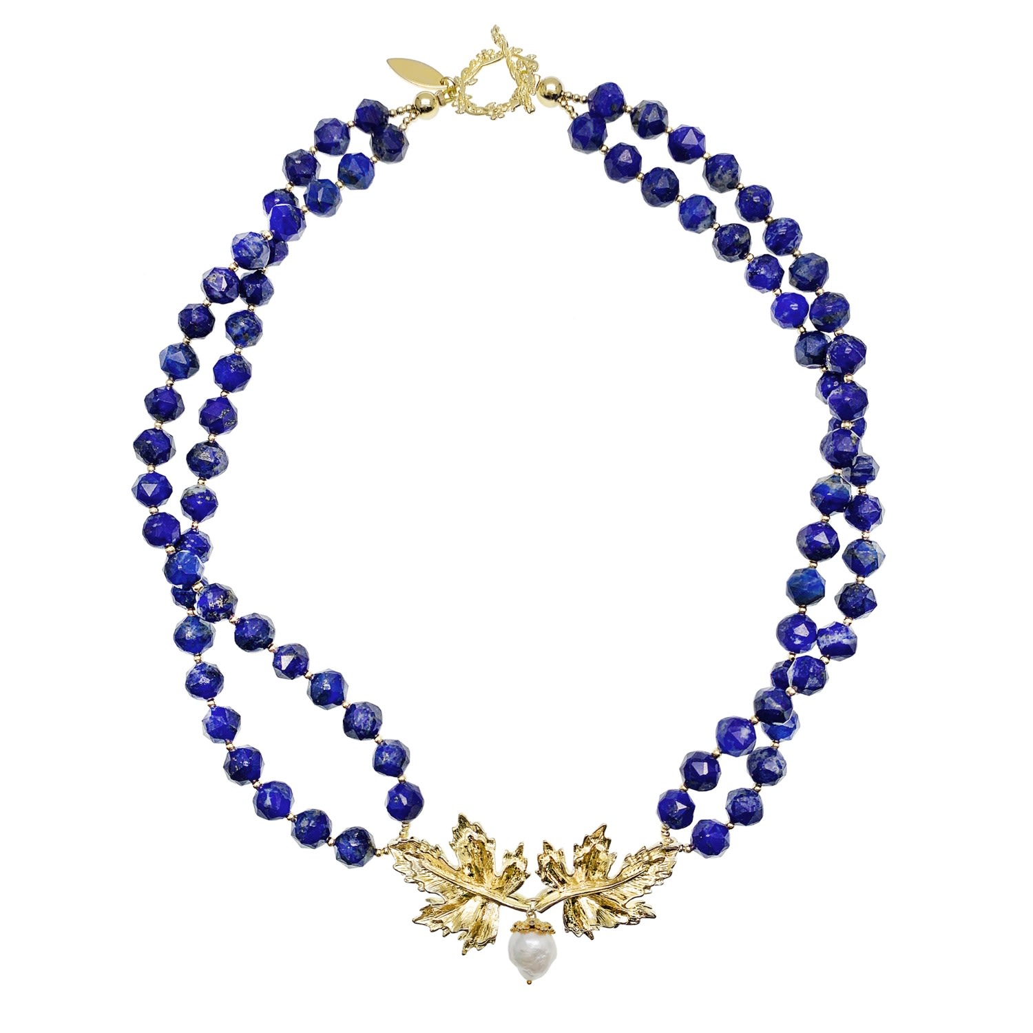 Women’s Blue Lapis Stones With Leaf Charm Double Strands Statement Necklace Farra