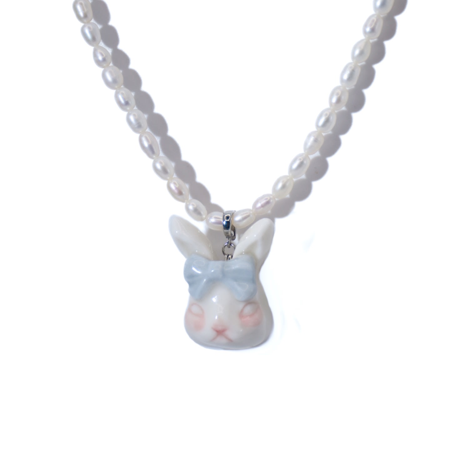 H2 Studio Women's White / Blue Grumpy Bunny Light Misty Blue Bow Tie Freshwater Pearl Necklace
