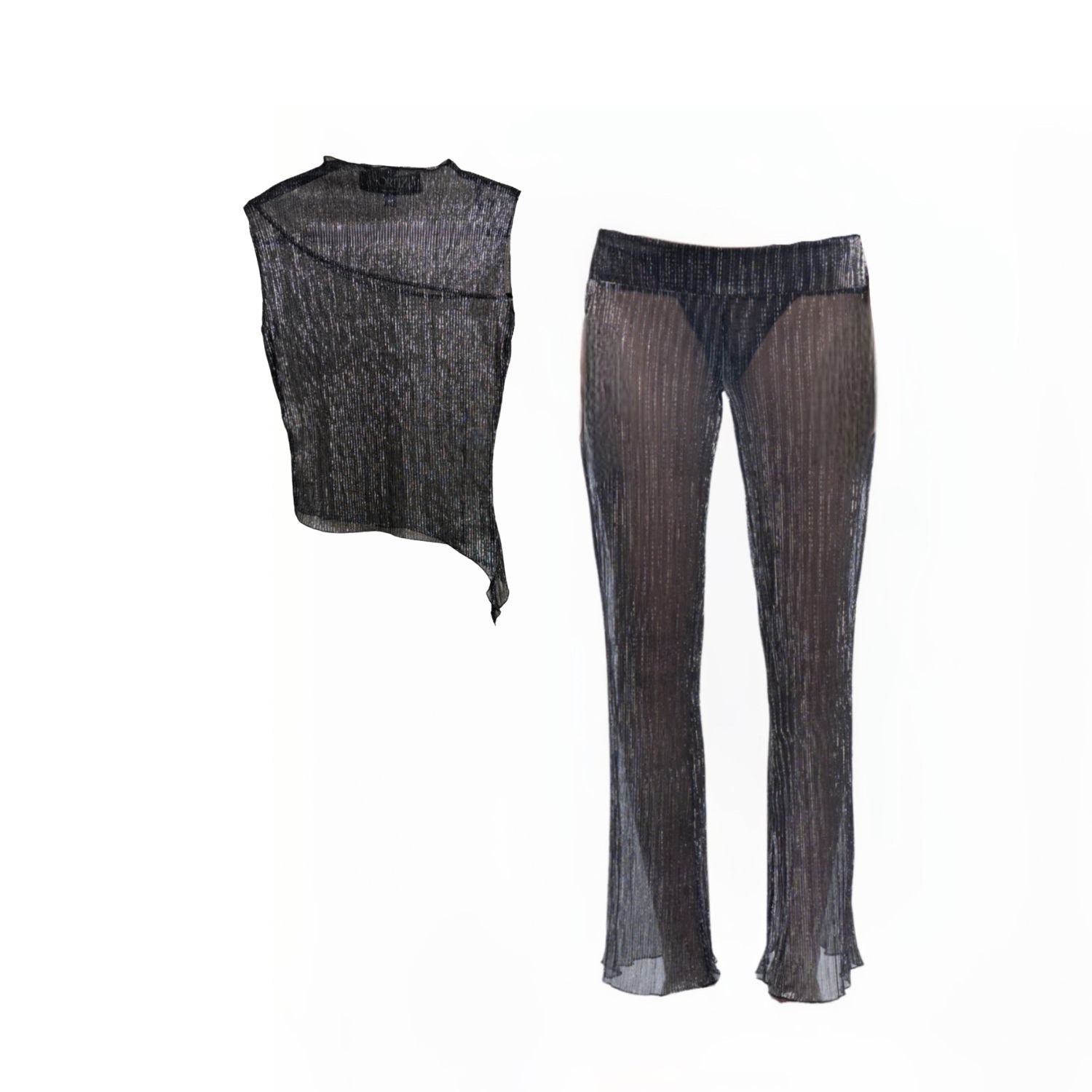 Grey Belladona Set Metallic Shimmer Stretch Asymmetric Top & Flared Pants Set | Xxs | Amortizia