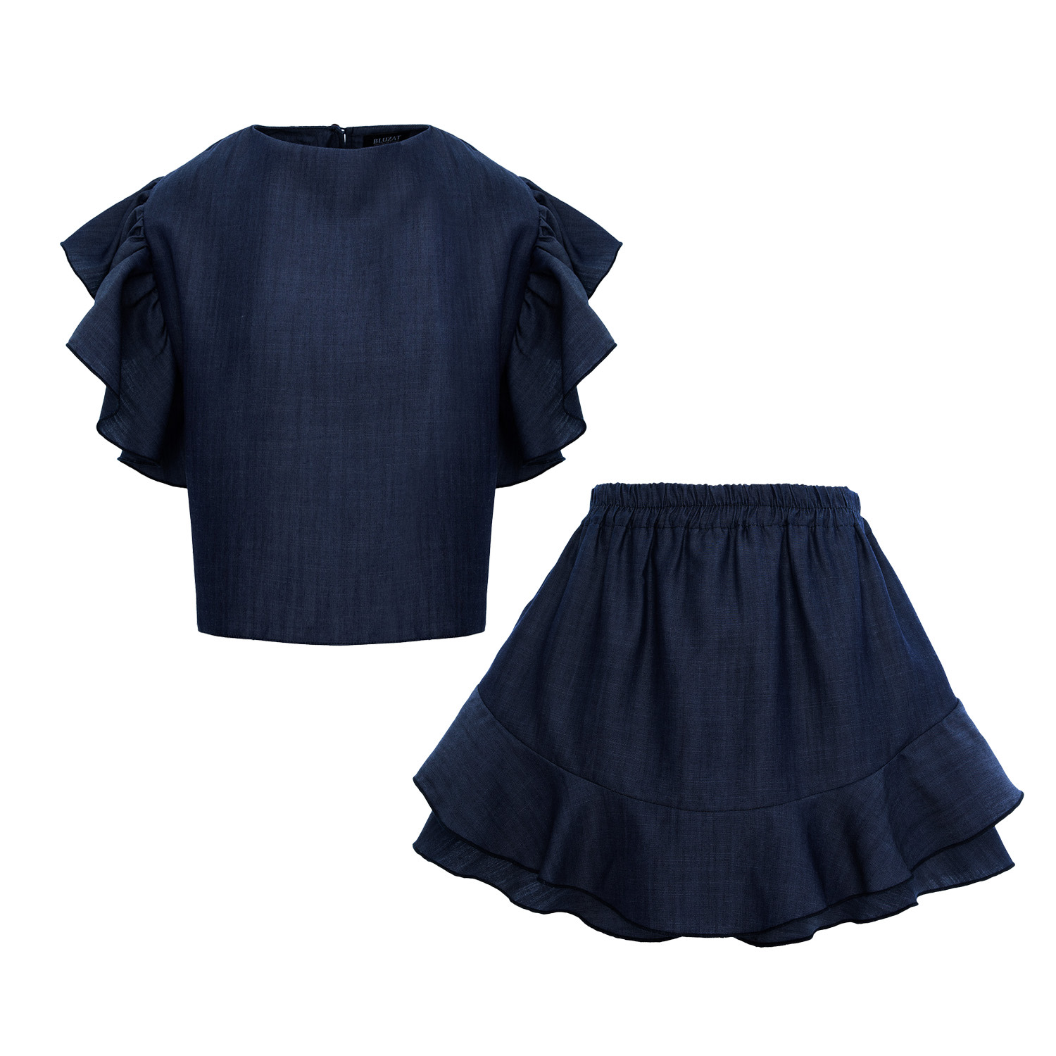 Bluzat Blue Navy Denim Co-ord Set With Ruffle Sleeve Top & Tiered Mini Skirt In Blue