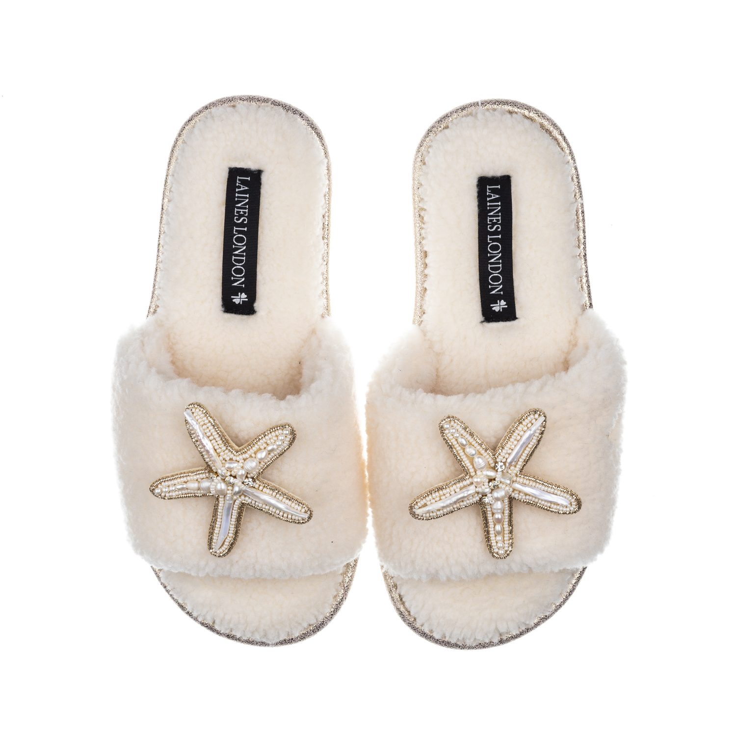 Laines London Women's White Teddy Towelling Slipper Sliders With Pearl Starfish Brooches - Cream In White