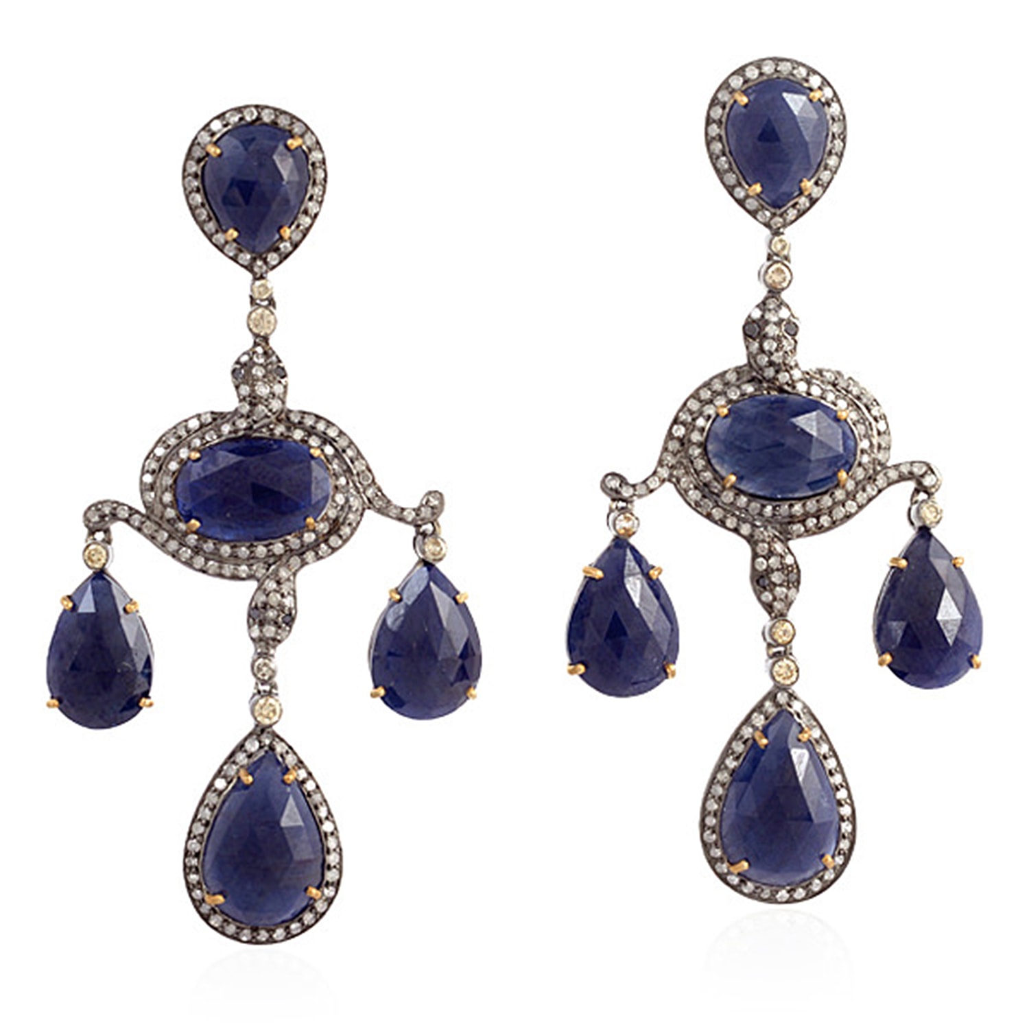 Women’s Blue / Silver / White 18K Gold Blue Sapphire Pave Diamond Designer Chandelier Earrings Artisan
