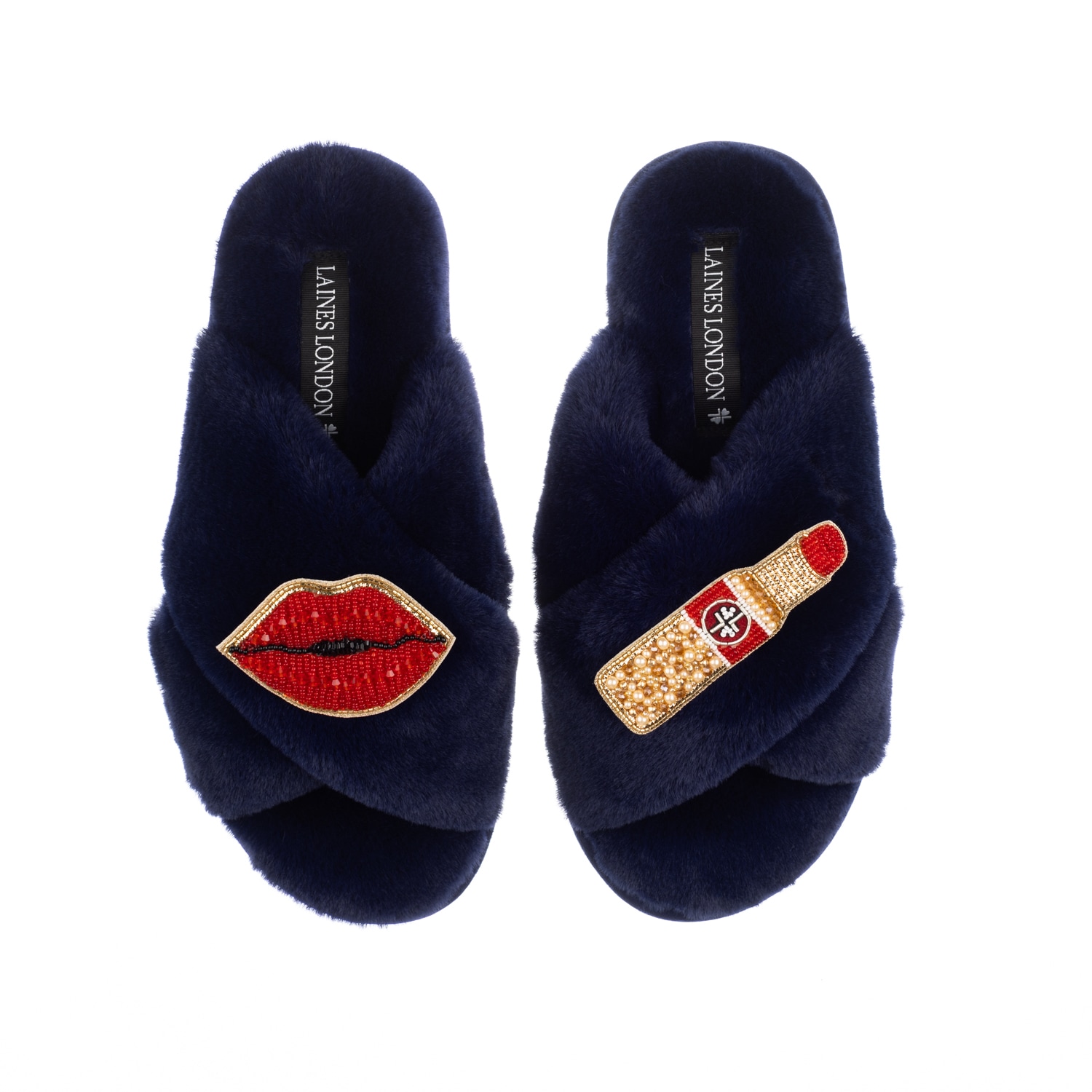 Laines London Women's Blue Classic Laines Slippers With Red Lipstick & Lips Brooches - Navy In Blue