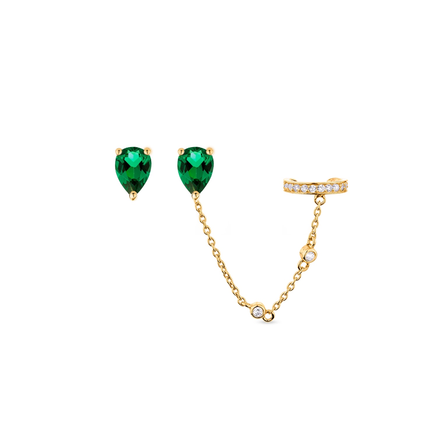 Sally Skoufis Women's Green / White / Gold Pure Stud & Ear Cuff Set With Man Made Emeralds In Gold In Multi