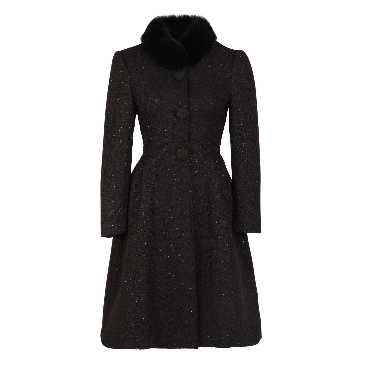 Women's Black Starlet Wool Tweed Dress Coat With Faux Fur In Nero | Large | Santinni
