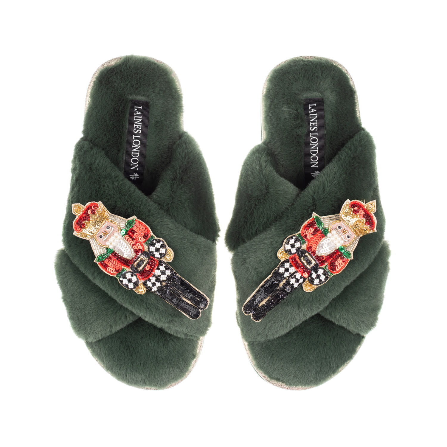 Laines London Women's Classic Laines Christmas Collection Slippers With Double Red Grand Nutcrackers Brooches - Li In Green