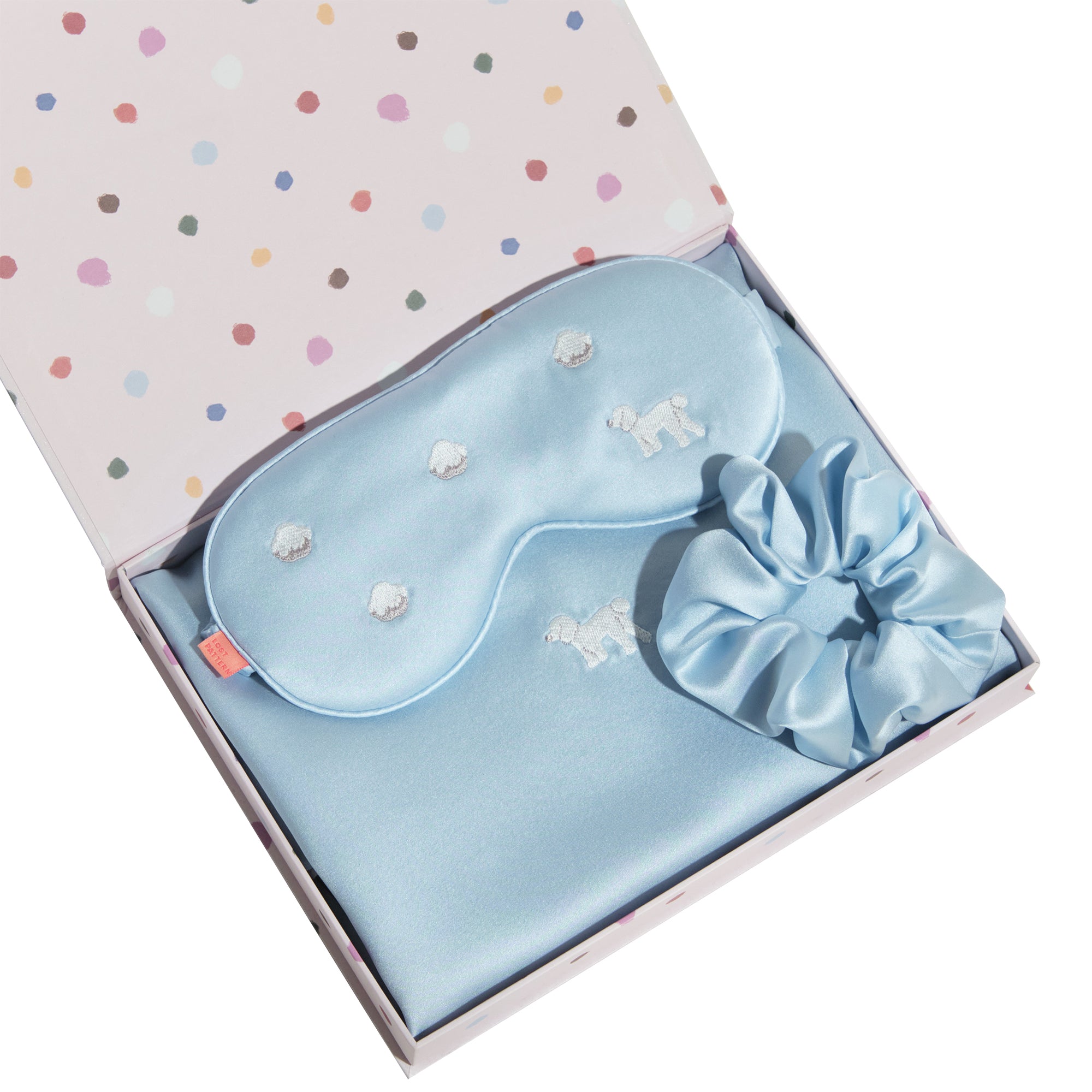 Lost Pattern Nyc Blue Pan Pan 3 Piece Silk Gift Set - Silk Pillowcase & Silk Sleep Eye Mask & Silk Scrunchie In Blue