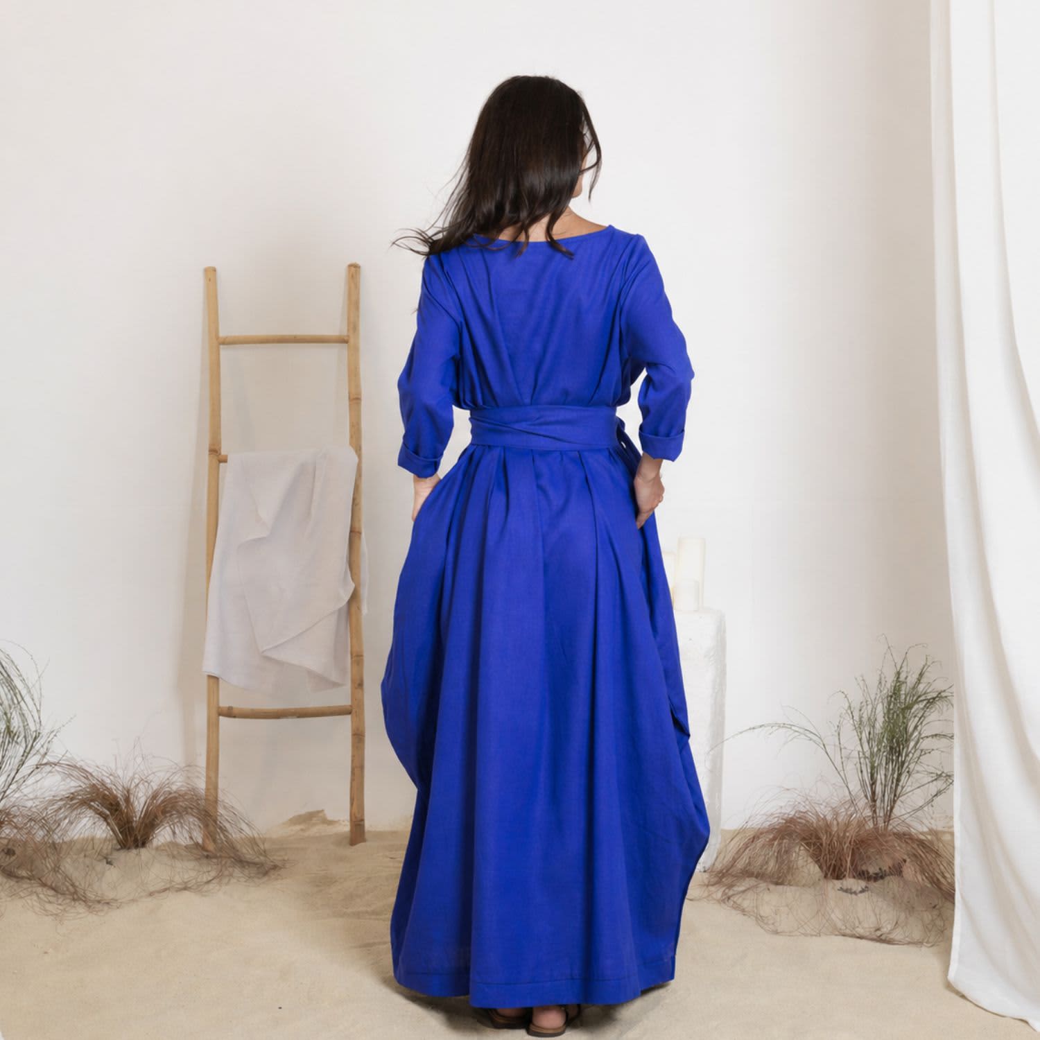 Maxi Linen Balloon Dress With Belt In Royal Blue Color | Nikka