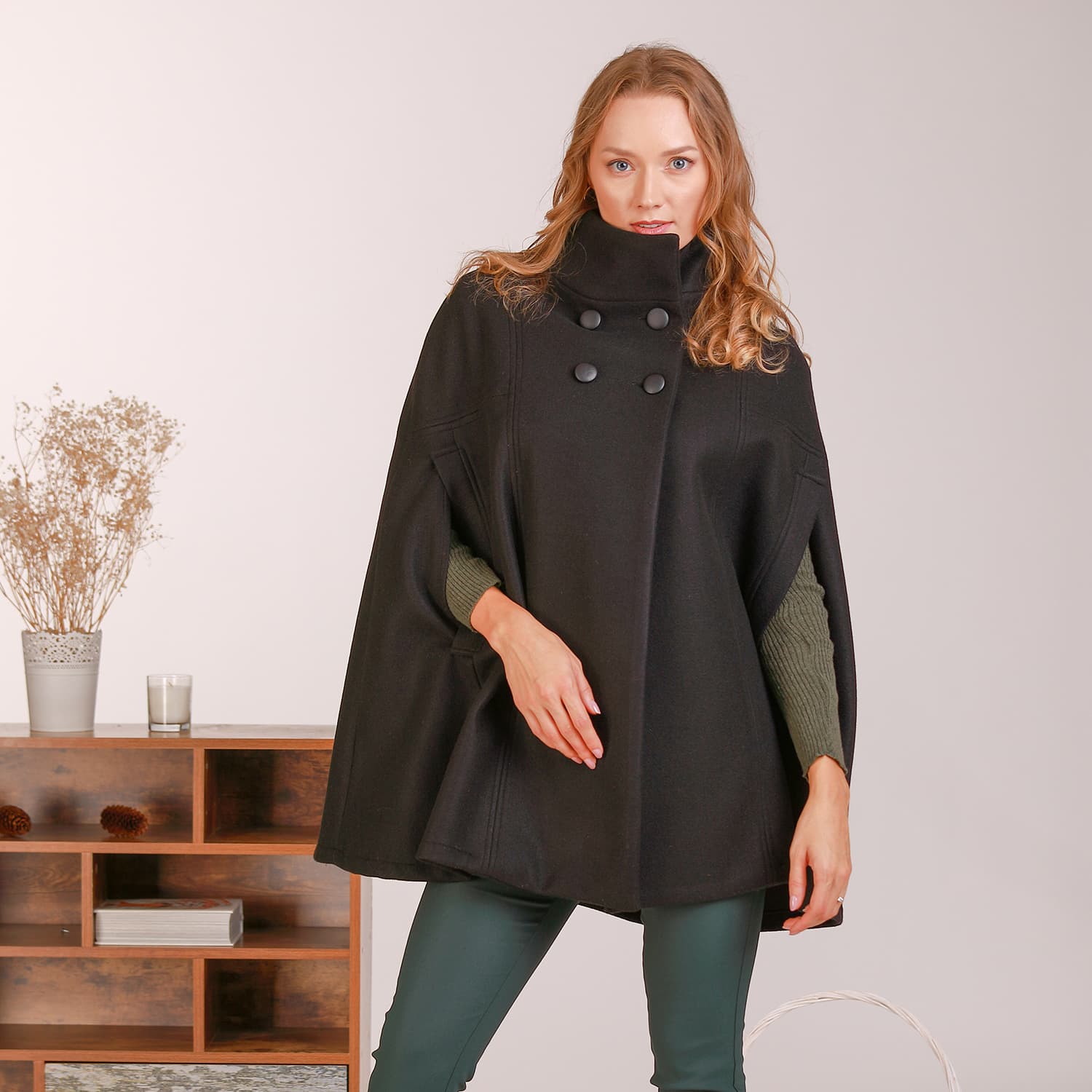 Wool Military Pea Coat With Front Buttons & High Neck In Black