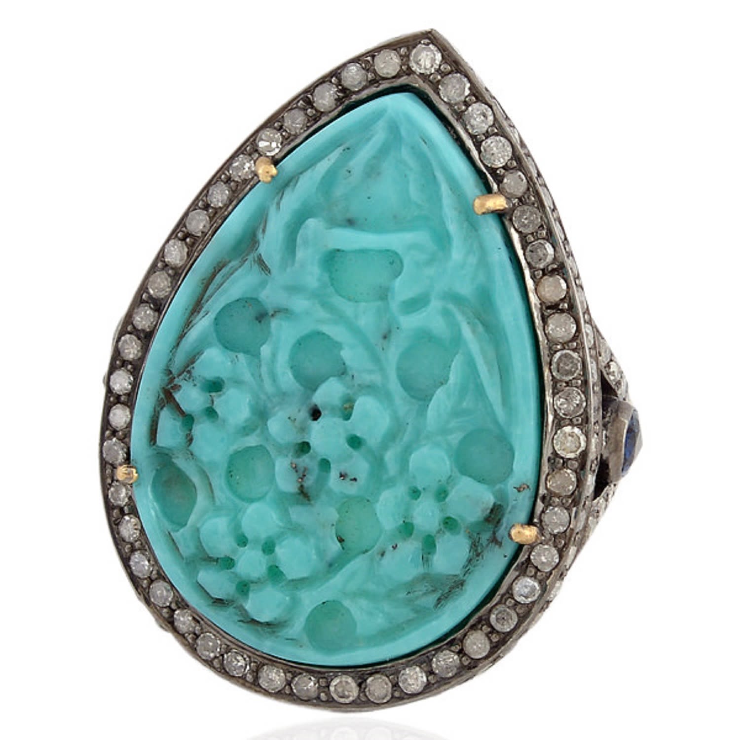 Women’s Gold / Blue Carved Turquoise & Blue Sapphire Pave Diamond In 18K Gold With 925 Silver Cocktail Ring Artisan