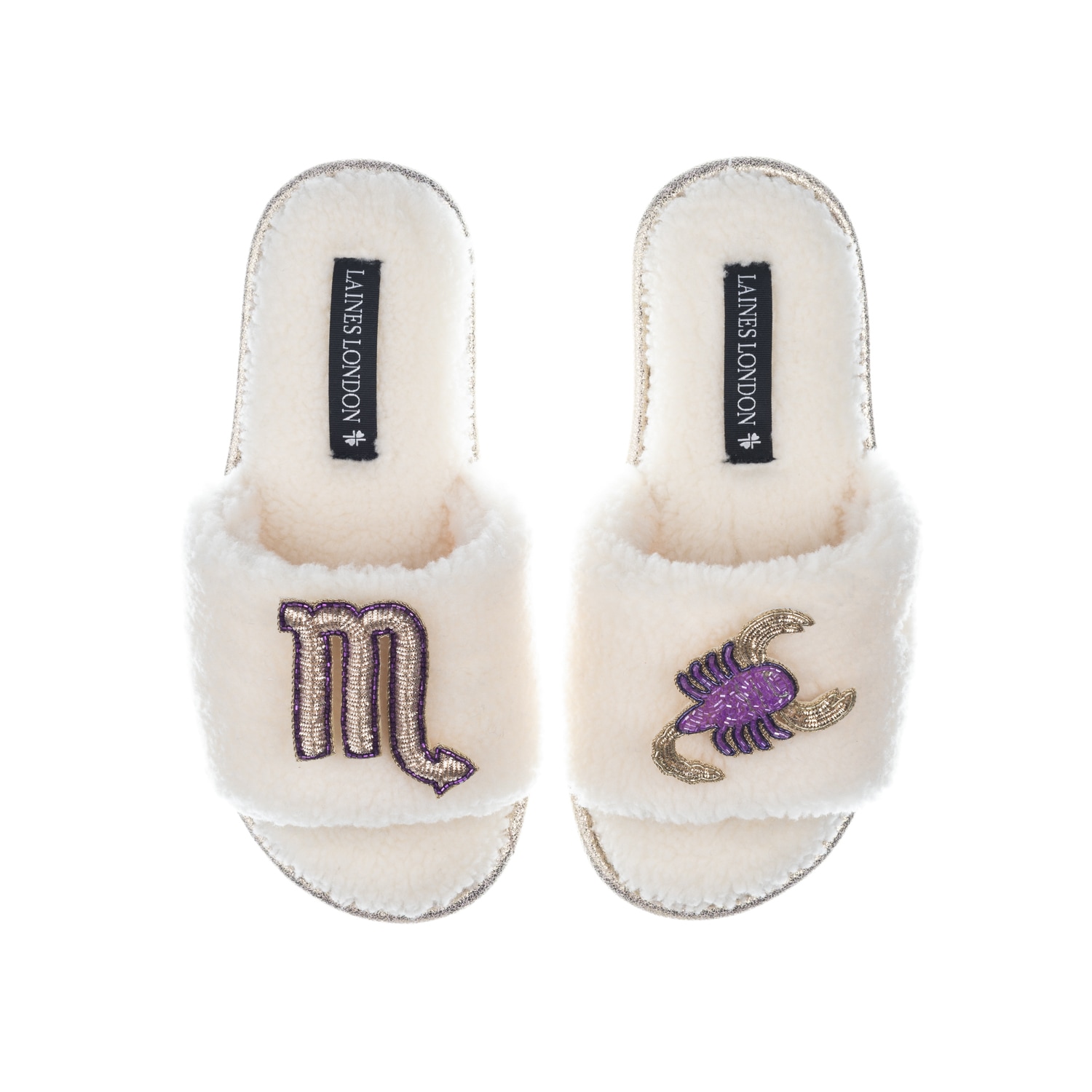 Laines London Women's White Teddy Towelling Slipper Sliders With Scorpio Zodiac Brooches - Cream In White